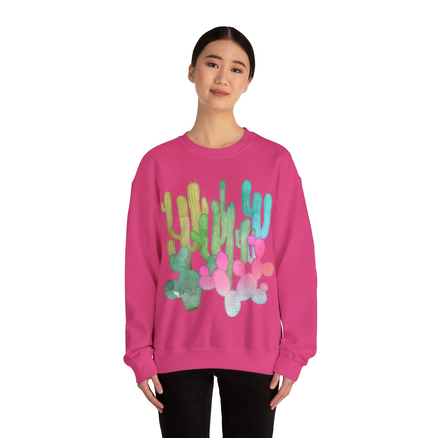 Cactus Garden Arizona Desert Crewneck Pullover Sweatshirt Colorful Saguaro Cactus Print