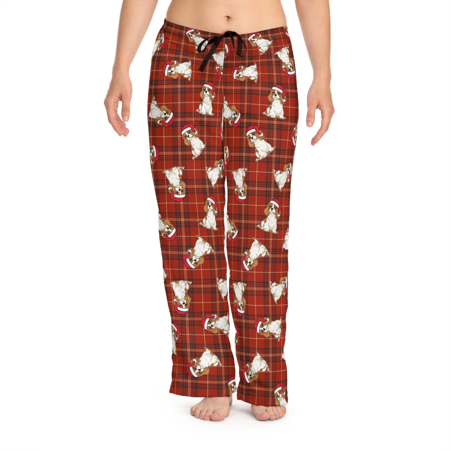 Red Plaid Cavalier King Charles Spaniel Dog  Women's Christmas Pajama Pants, Santa Dogs PJ Bottoms, Winter Loungewear, Holiday Sleepwear