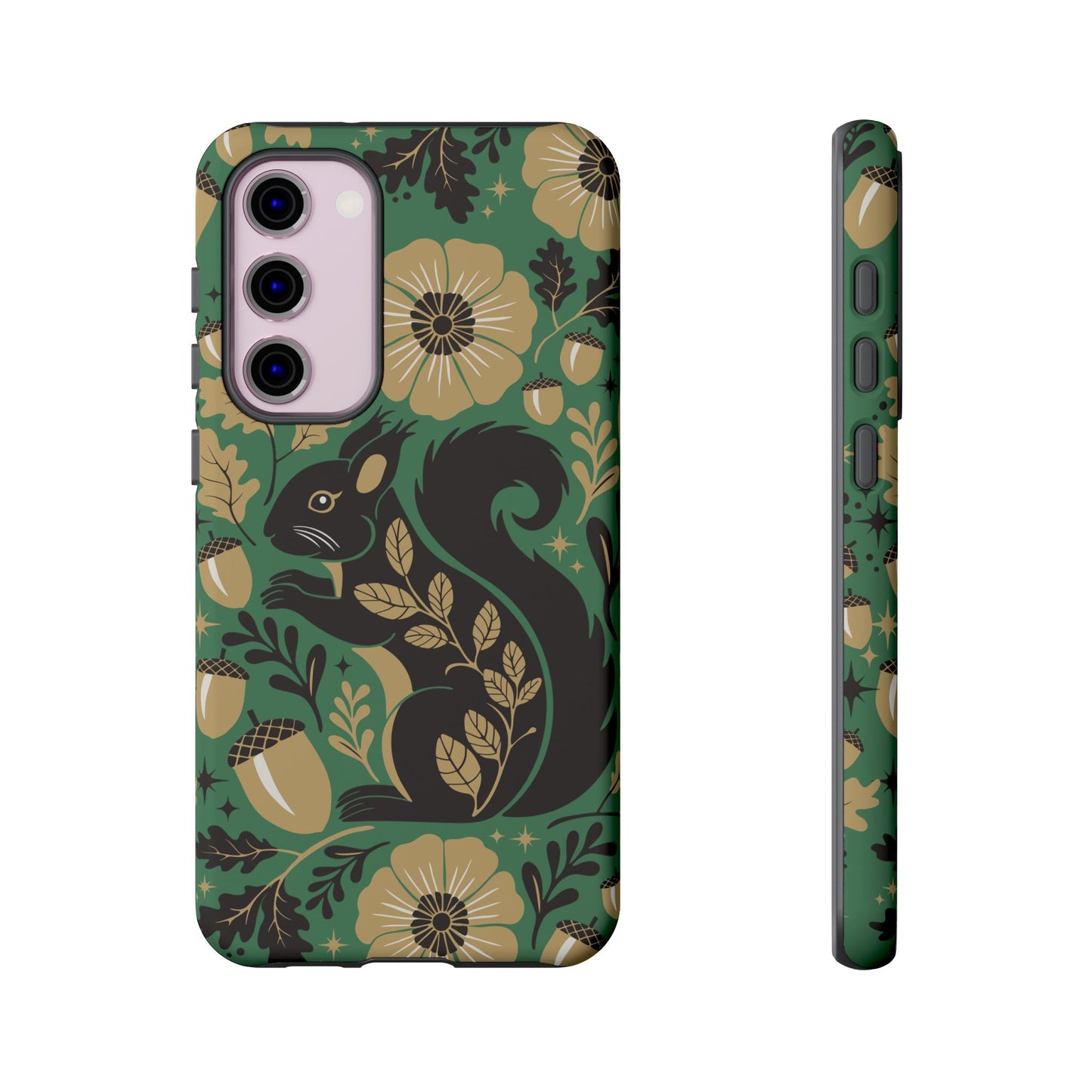 Green Squirrel Floral Pattern Cell Phone Case | Botanical Folk Art Acorn Leaves Design, Iphone Google Pixel Samsung Cases Matte Finish