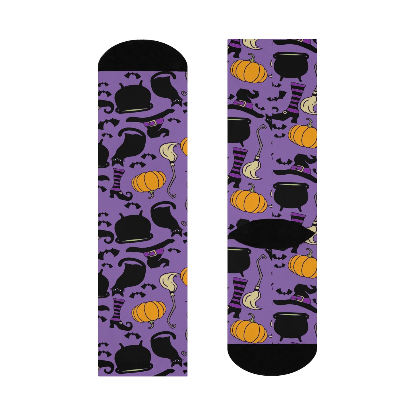 Witchy Things Halloween Cushioned Crew Socks with Witch Hats, Brooms, Black Cats, Pumpkins, Bats, Cauldrons