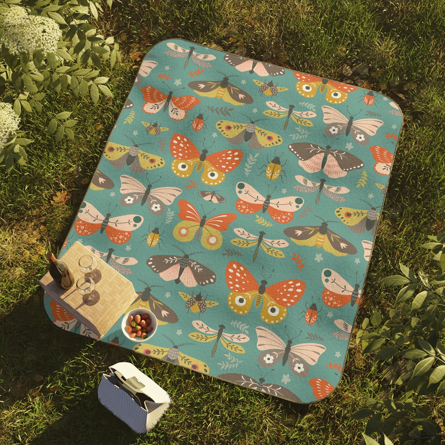 Flutter Frolic Moth, Butterfly, Dragonfly Bug Print Picnic Blanket - Outdoor Beach Stadium Roll-up Blanket with Moths Design