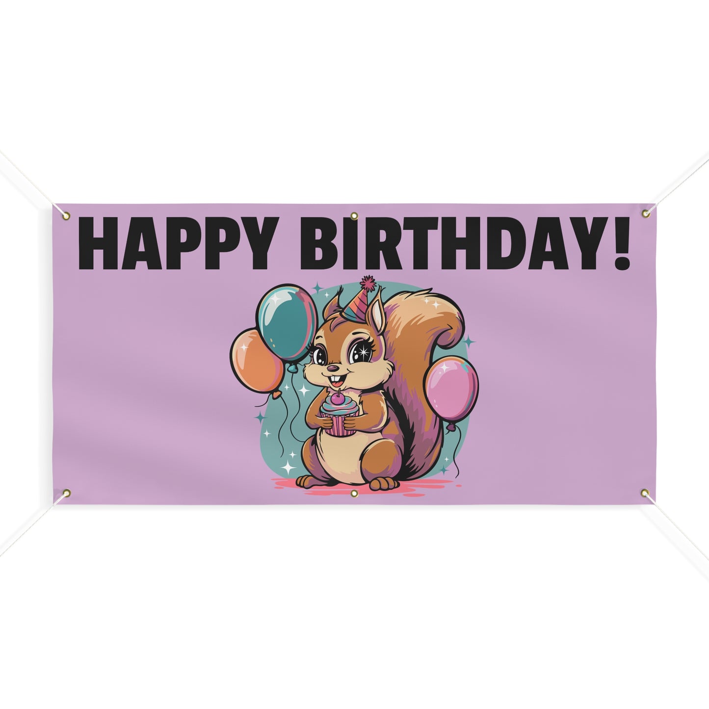 Happy Birthday Party Squirrel Banner Sign Purple Squirrels Balloons Cupcake Celebration Squirrels B-day Banners Decorations