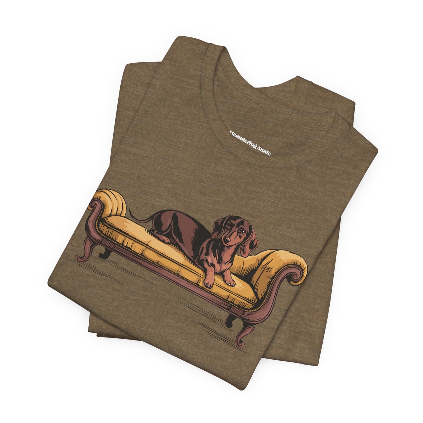 Dachshund Dog on Vintage Chaise Lounge T-Shirt | Wiener Dogs Sofa Illustration Short Sleeve Cotton Tee Shirts