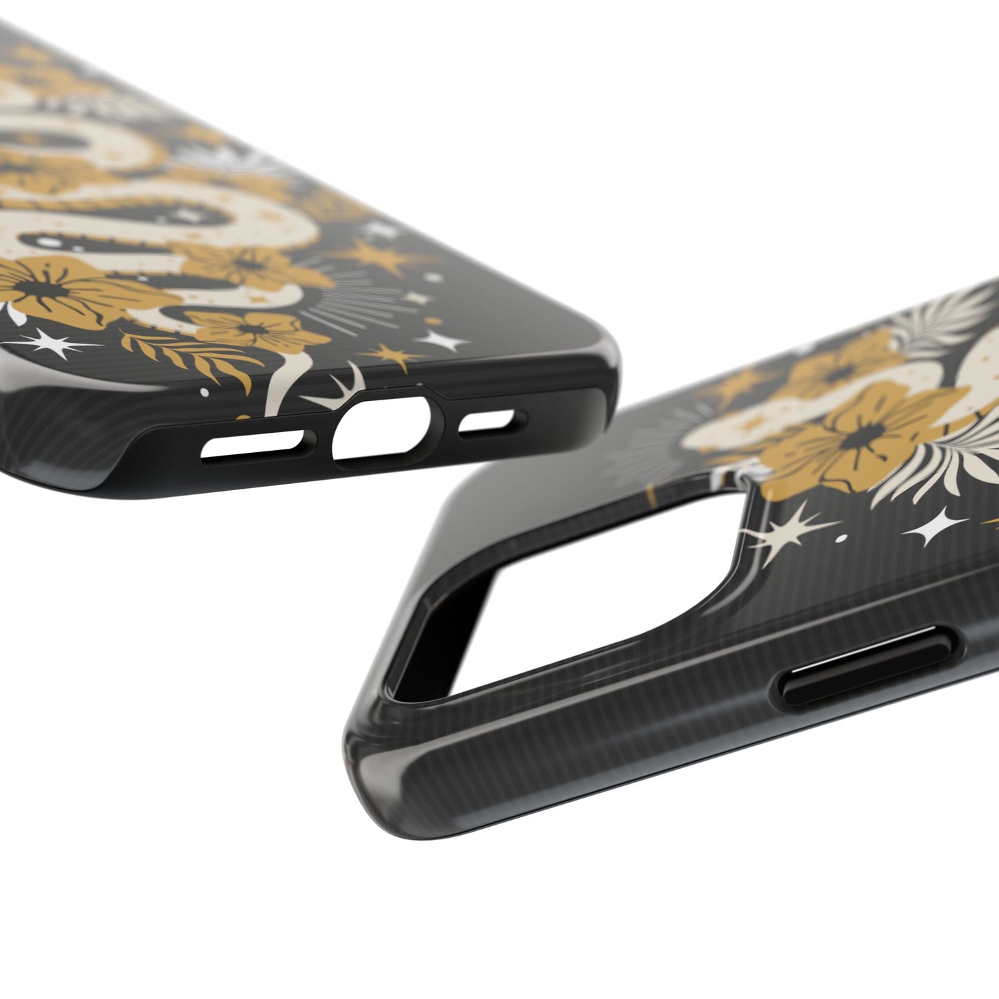 Mystic Snake Cell Phone Case, Black Tough Cases, Protective Floral Golden Serpent Boho Design