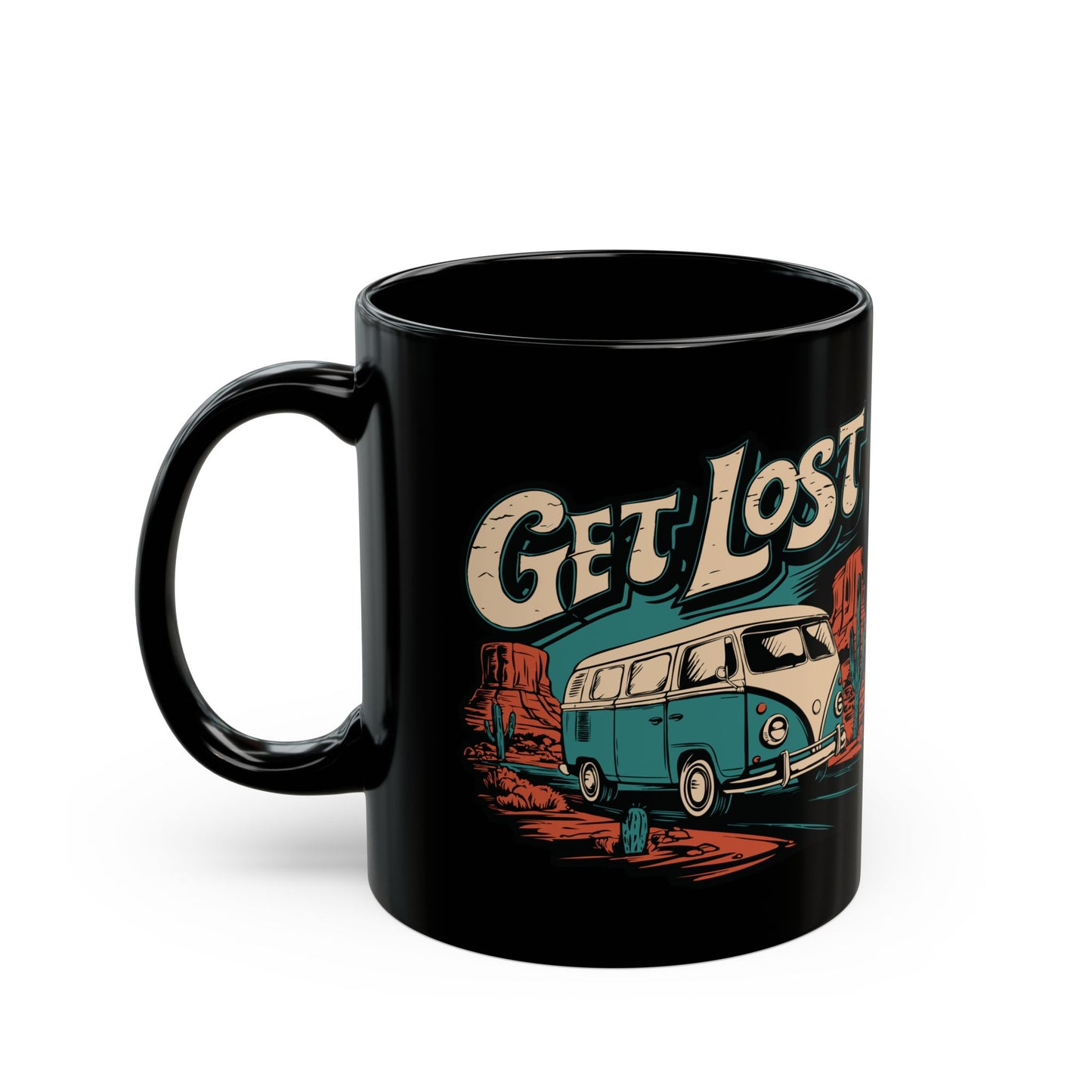 Get Lost Vintage Van Vanlife Utah Arizona Desert Roadtrip Black Coffee Mug 11oz with Retro Camper Print