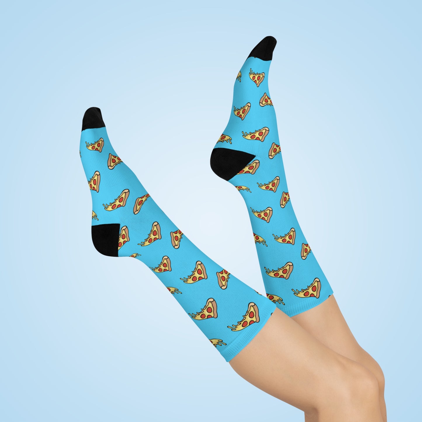 Pepperoni Pizza Slice Cushioned Crew Socks, Fun Novelty Turquoise Cheese Pizza Slices Socks, Cheesy Pizzas Pattern