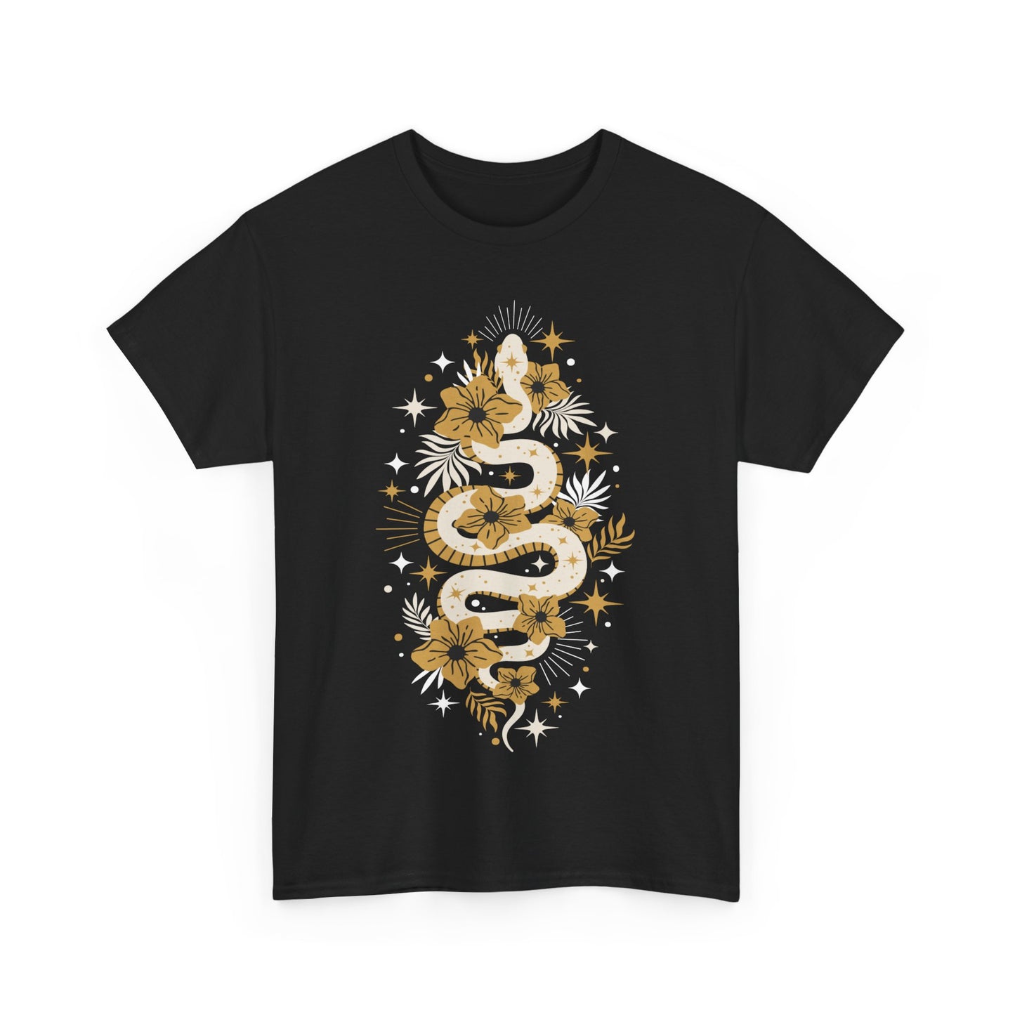 Boho Golden Snake Stars Flowers Cotton Tee, Unisex T-Shirt, Hippie Graphic Print Shirt, Bohemian Festival Top, Celestial Serpent Tee