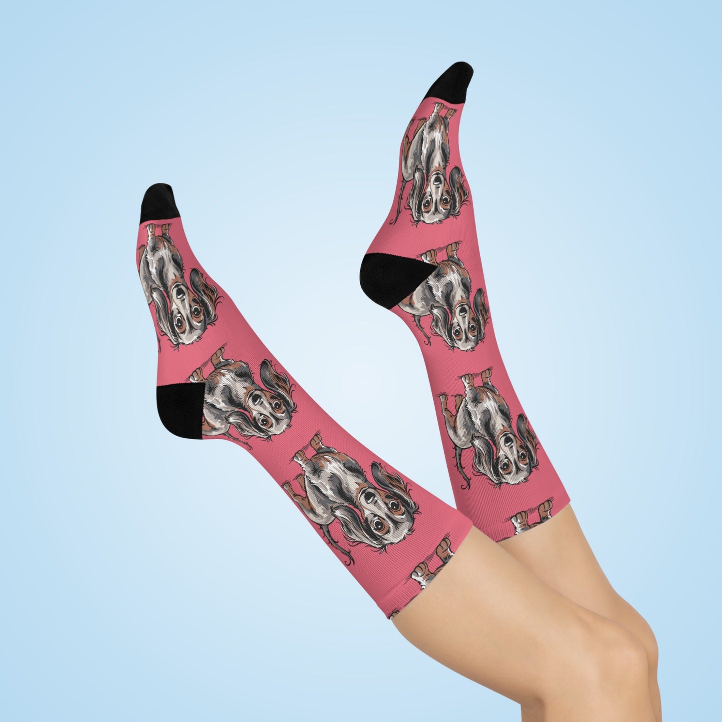 Long Haired Dachshund Pattern Cushioned Crew Socks | Wiener Dog Illustration, Pink Novelty Puppy Socks