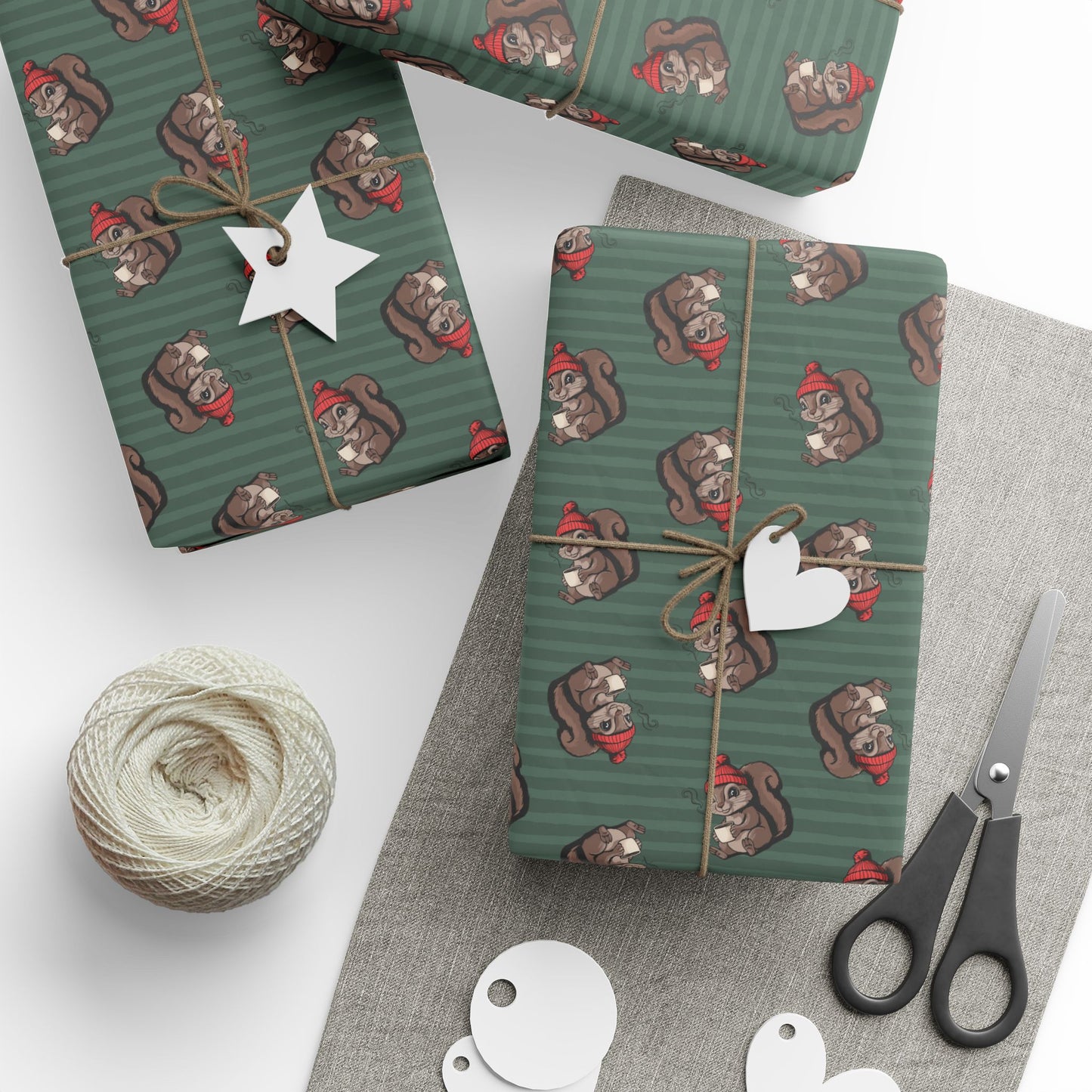 Cozy Squirrel Holiday Wrapping Paper, Cute Animal Green Striped Christmas Gift Wrap Roll Woodland Squirrels Pattern, Matte Finish