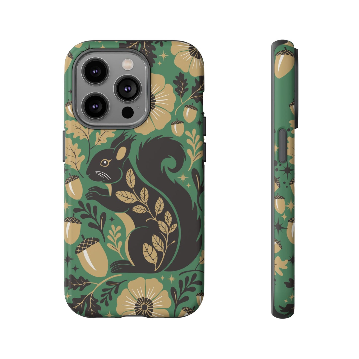 Green Squirrel Floral Pattern Cell Phone Case | Botanical Folk Art Acorn Leaves Design, Iphone Google Pixel Samsung Cases Matte Finish