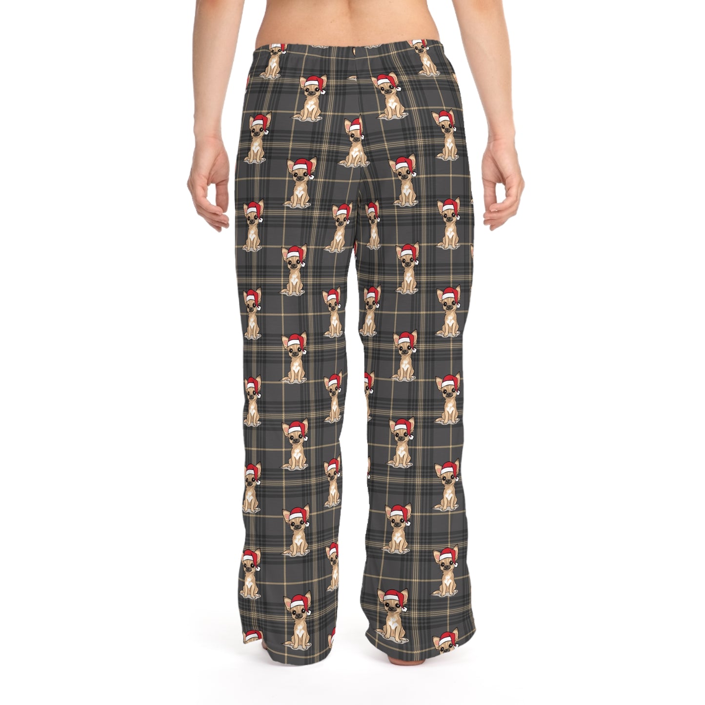 Gray Plaid Chihuahua Dog  Women's Christmas Pajama Pants, Santa Chihuahuas Dogs PJ Bottoms, Winter Loungewear, Matching Holiday Sleepwear