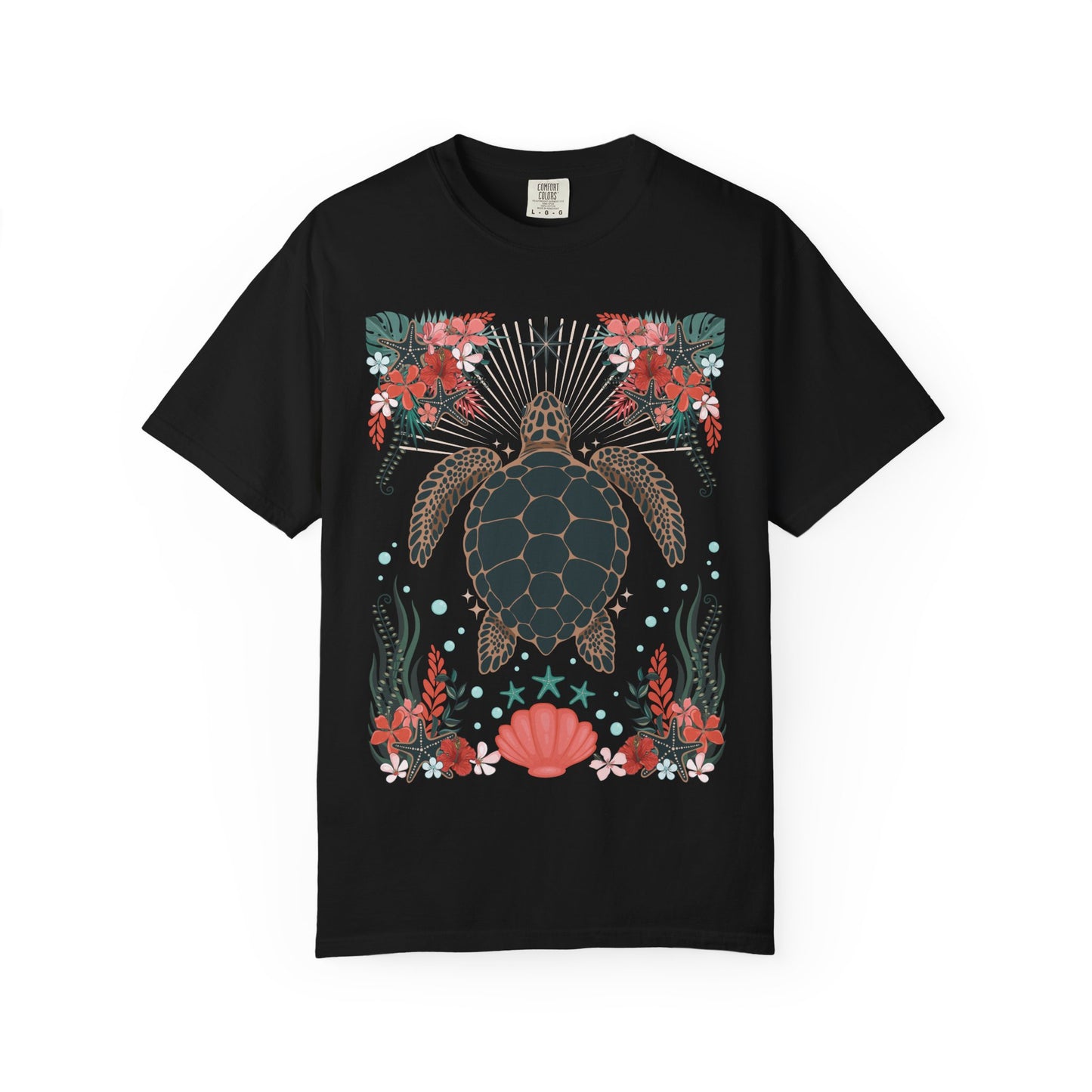 Sea Turtle Floral T-Shirt - Hawaii Coastal Ocean Turtles Tropical Flowers Coral Starfish and Shells Graphic Tee