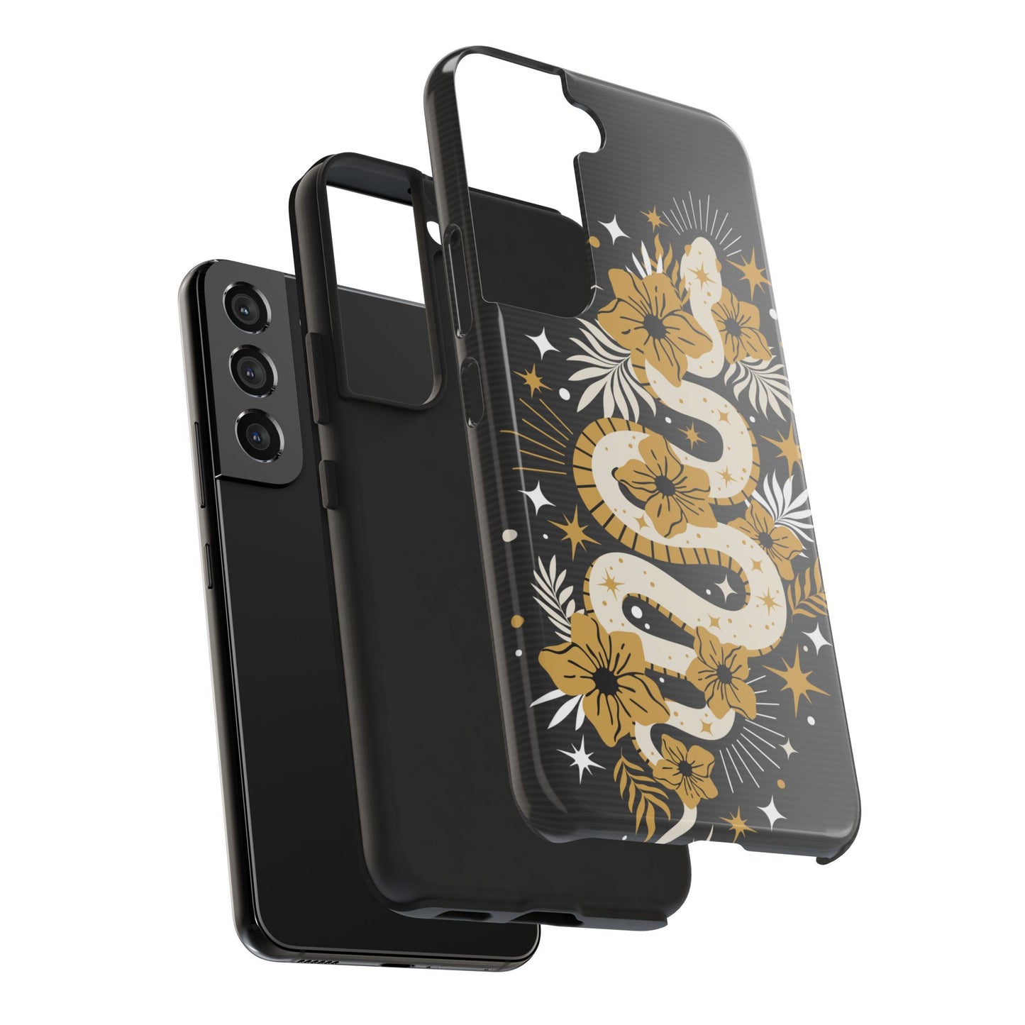 Mystic Snake Cell Phone Case, Black Tough Cases, Protective Floral Golden Serpent Boho Design