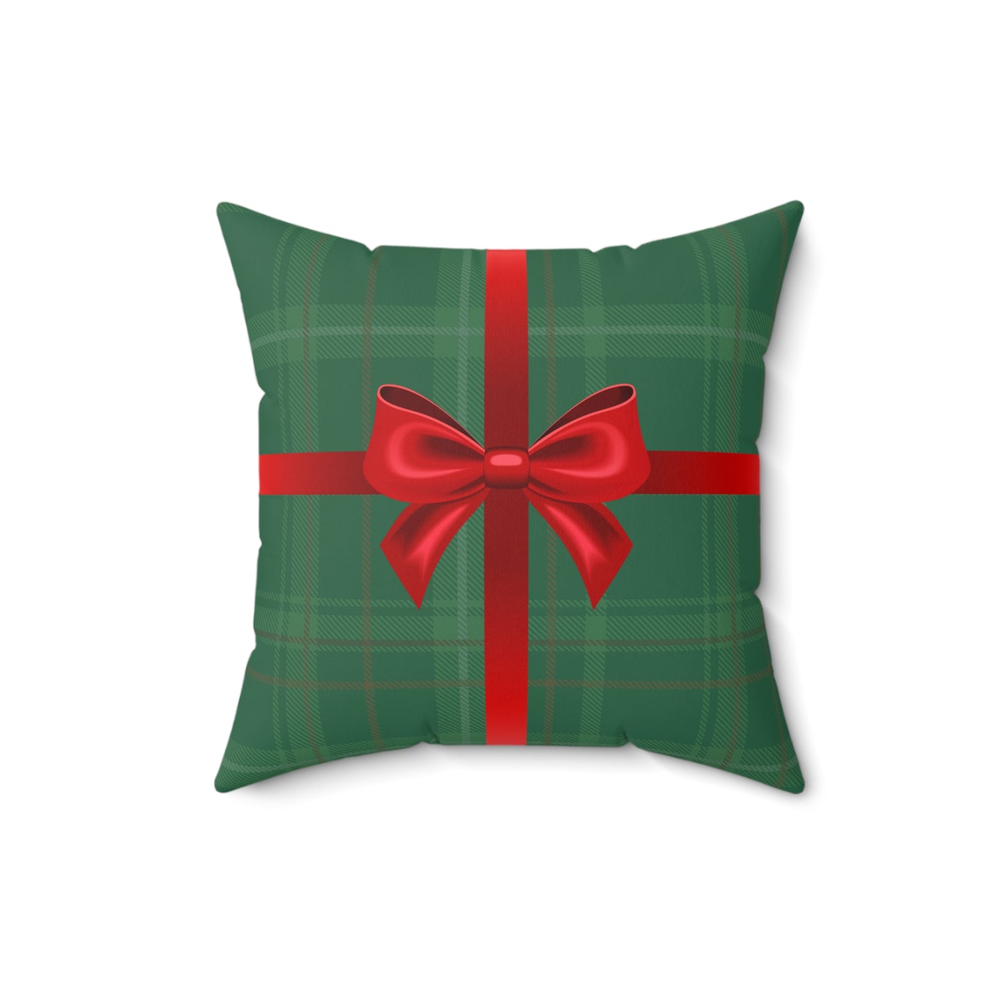 Holiday Gift Throw Pillow, Red Bow on Green Plaid Wrapped Present Pillows, Christmas Home Decor Xmas Decorations, Square Cushion and Cover