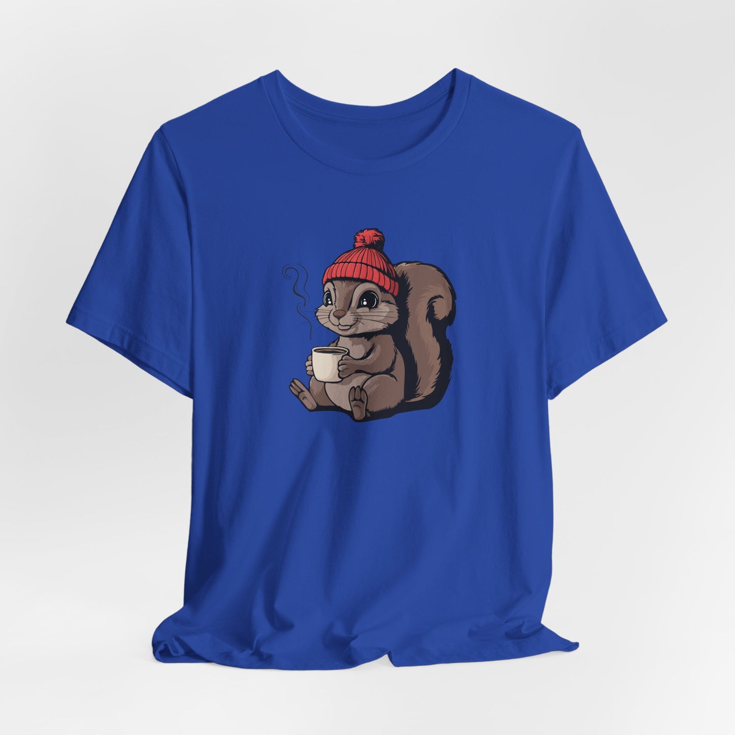 Cozy Squirrel with Coffee T-Shirt | Cute Fall Squirrels Woodland Animal Tee, Short Sleeve Graphic Print Shirts