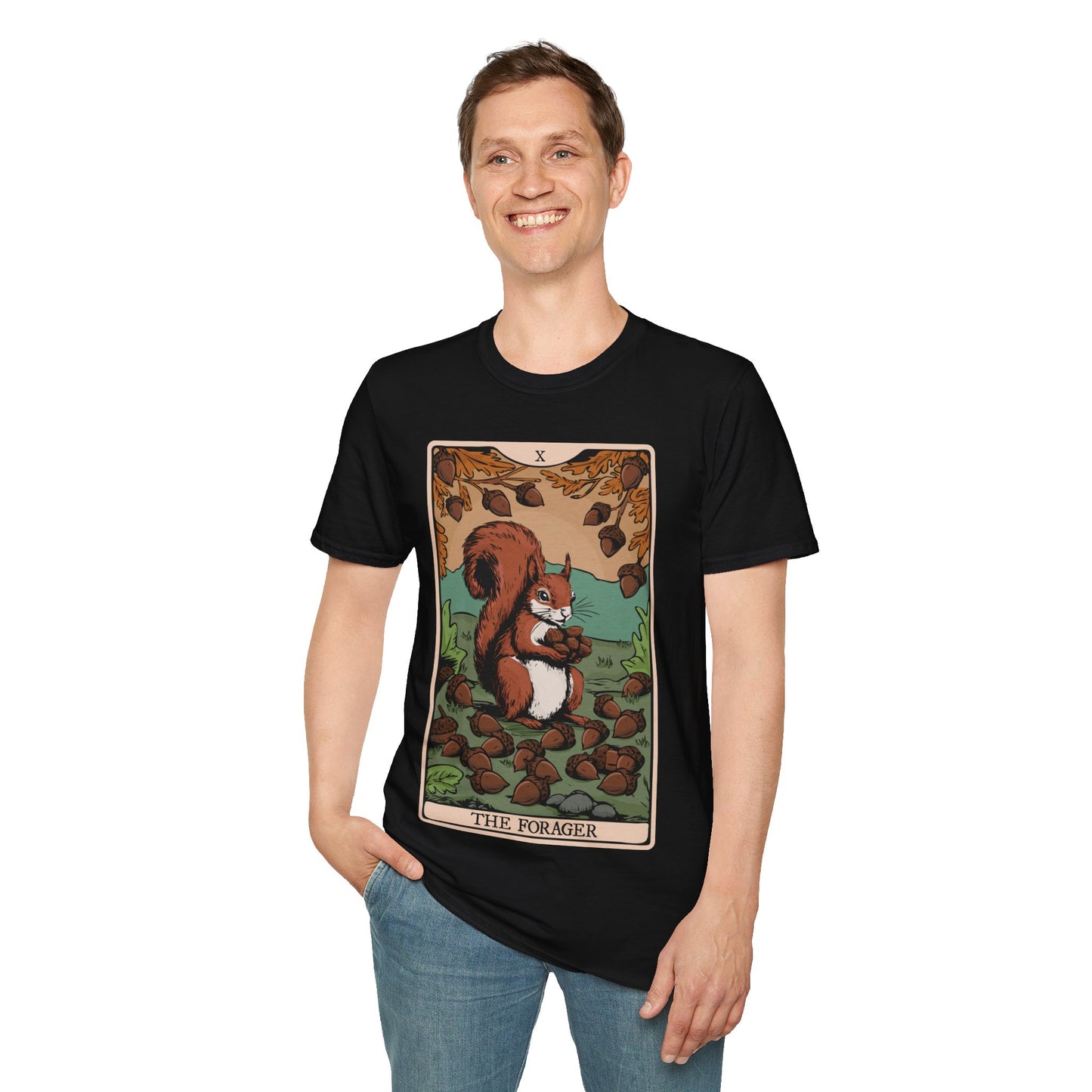 The Forager Squirrel Tarot Card T-shirt Softstyle Tee with Nut Foraging Squirrel Tarot Card Print