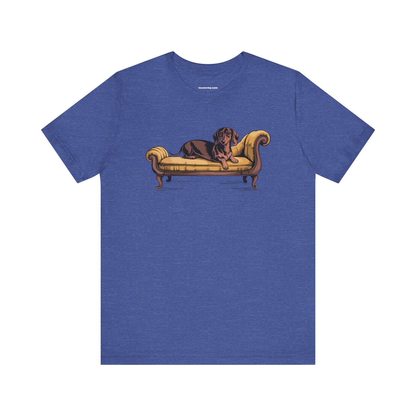 Dachshund Dog on Vintage Chaise Lounge T-Shirt | Wiener Dogs Sofa Illustration Short Sleeve Cotton Tee Shirts