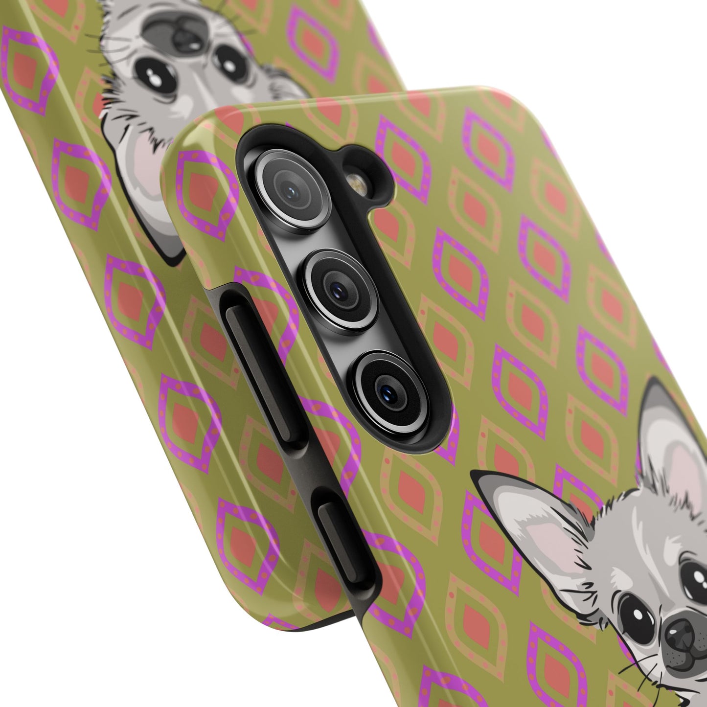 White Chihuahua Puppy Dog Phone Case, Tough Phone Cases Pet Dogs Retro Green  Pattern