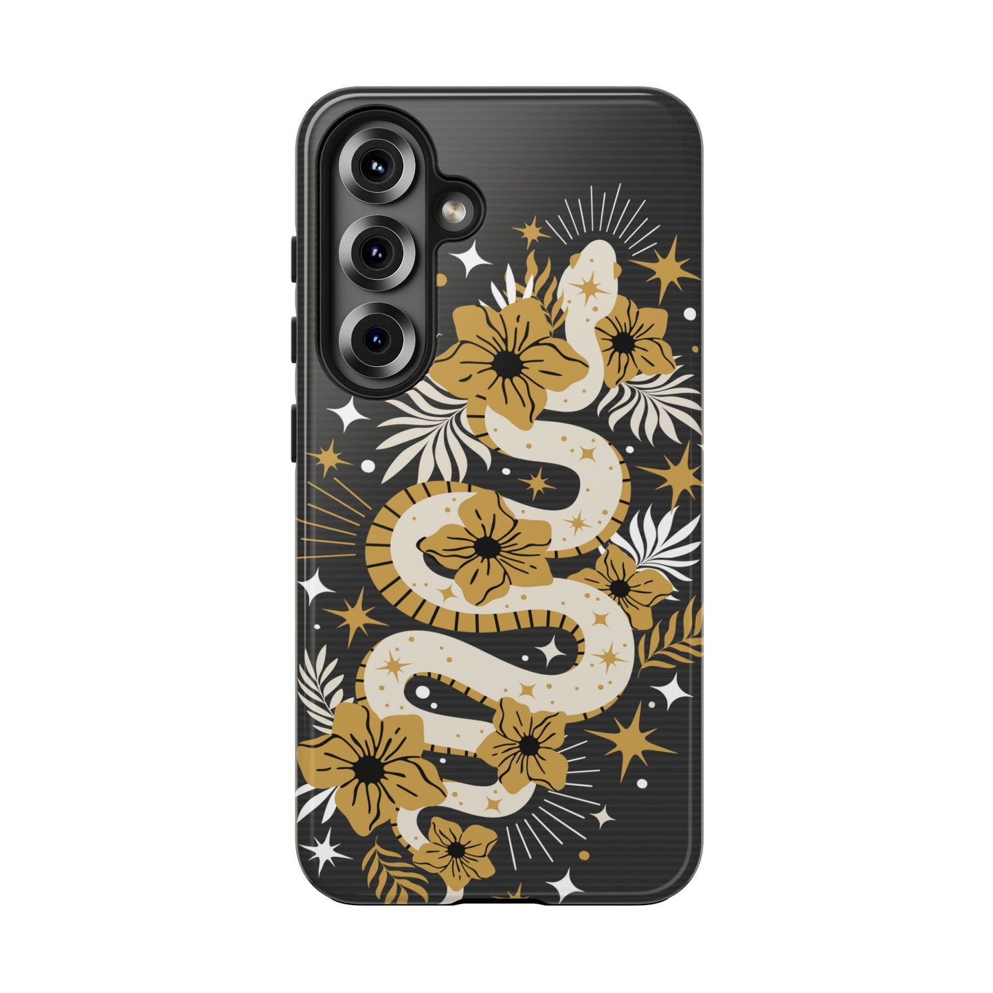 Mystic Snake Cell Phone Case, Black Tough Cases, Protective Floral Golden Serpent Boho Design