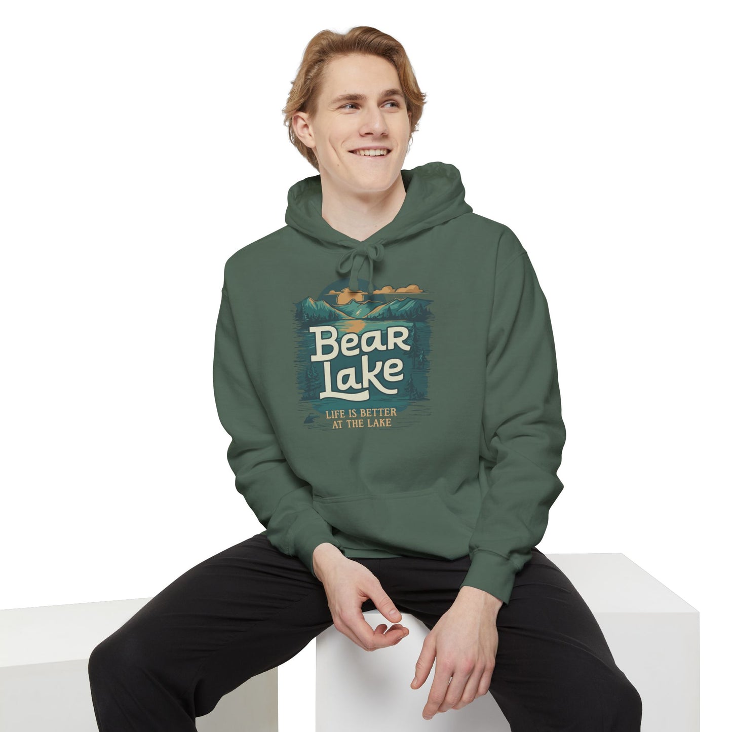 Bear Lake Scenic Mountain View Unisex Garment-Dyed Pullover Hoodie Hooded Sweatshirt with Utah Idaho Vacation Destination