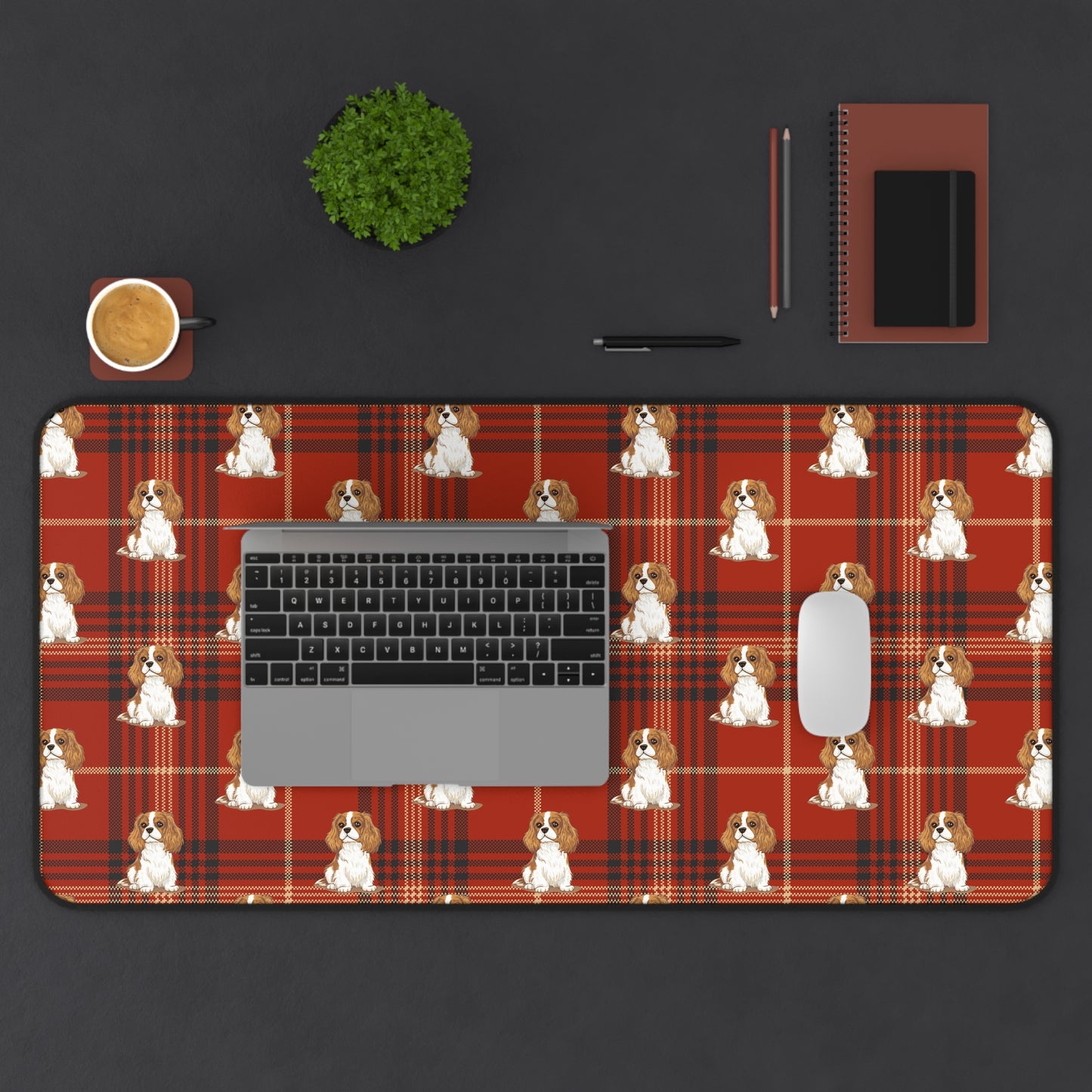 Blenheim Cavalier King Charles Spaniel Dogs Pattern Desk Mat | Red Tartan Plaid Puppy Mouse Pad Surface
