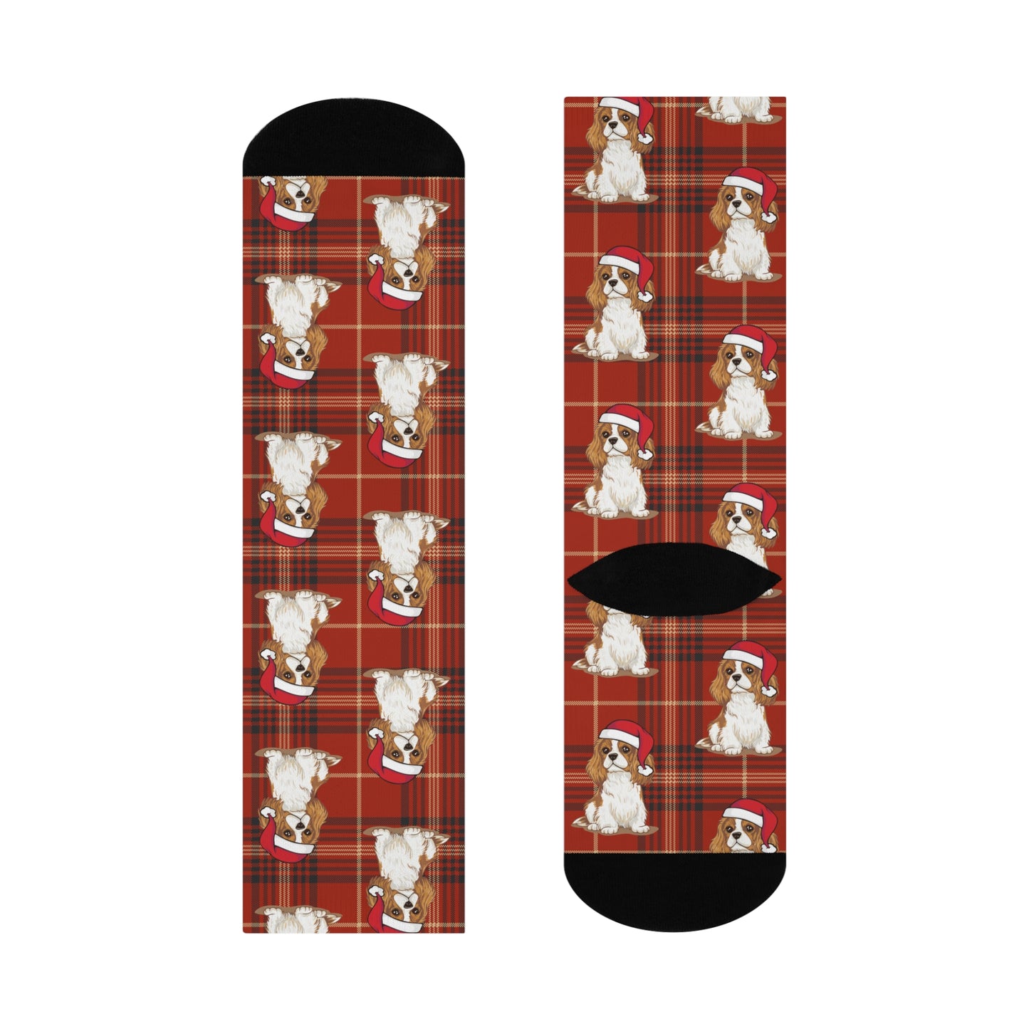 Christmas Cavalier King Charles Spaniel Dog Crew Socks, Red Plaid Santa Dogs Novelty Footwear Pet Owner Gifts