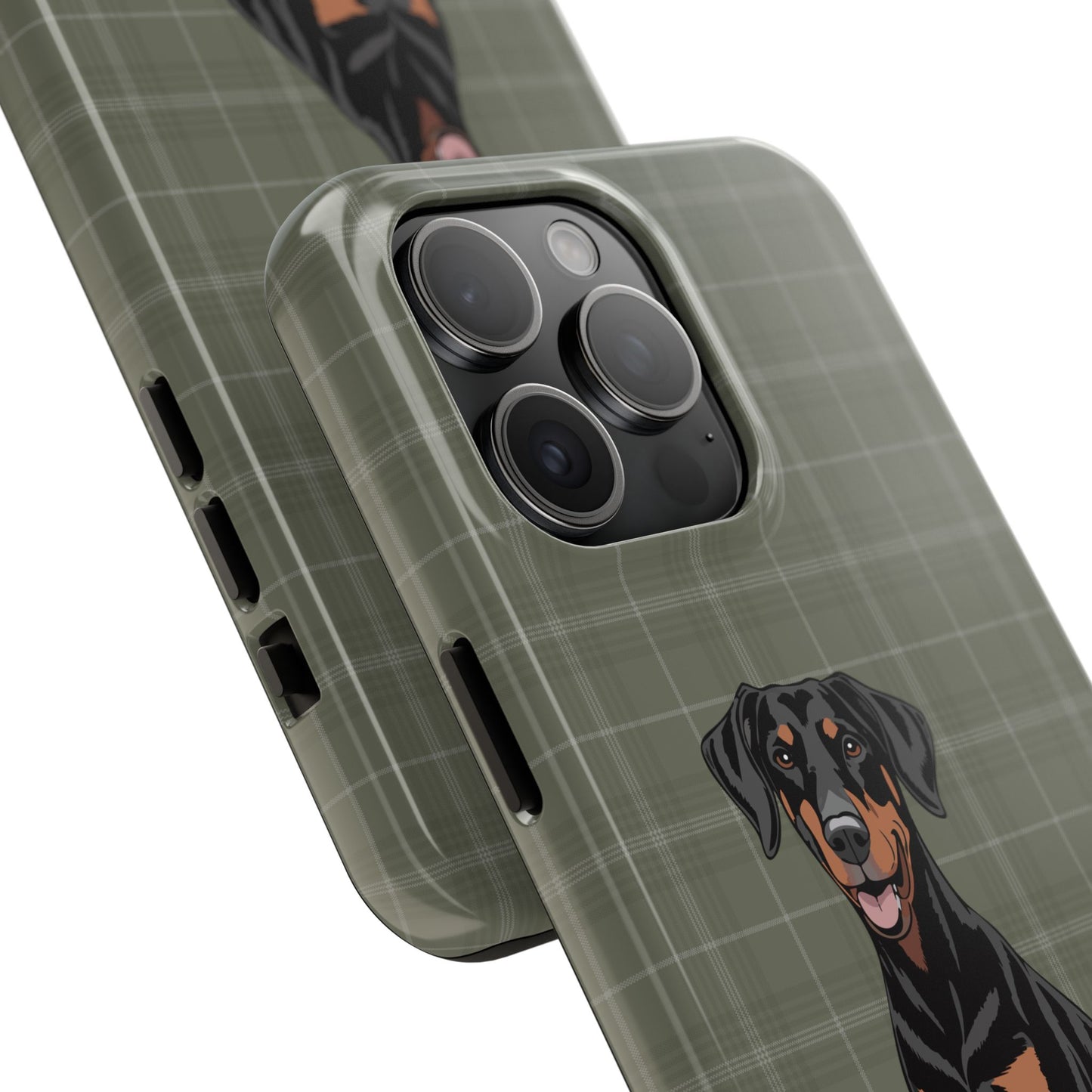 Doberman Pinscher Dog Phone Case, Tough Phone Cases Pet Dogs Green Plaid Pattern