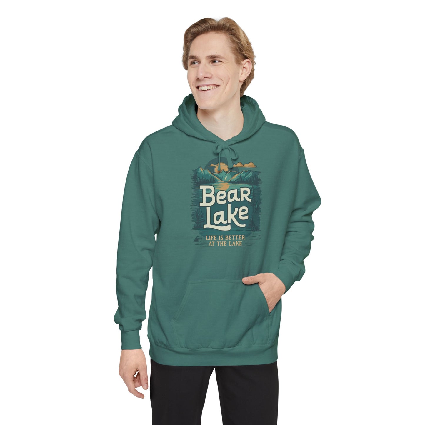 Bear Lake Scenic Mountain View Unisex Garment-Dyed Pullover Hoodie Hooded Sweatshirt with Utah Idaho Vacation Destination