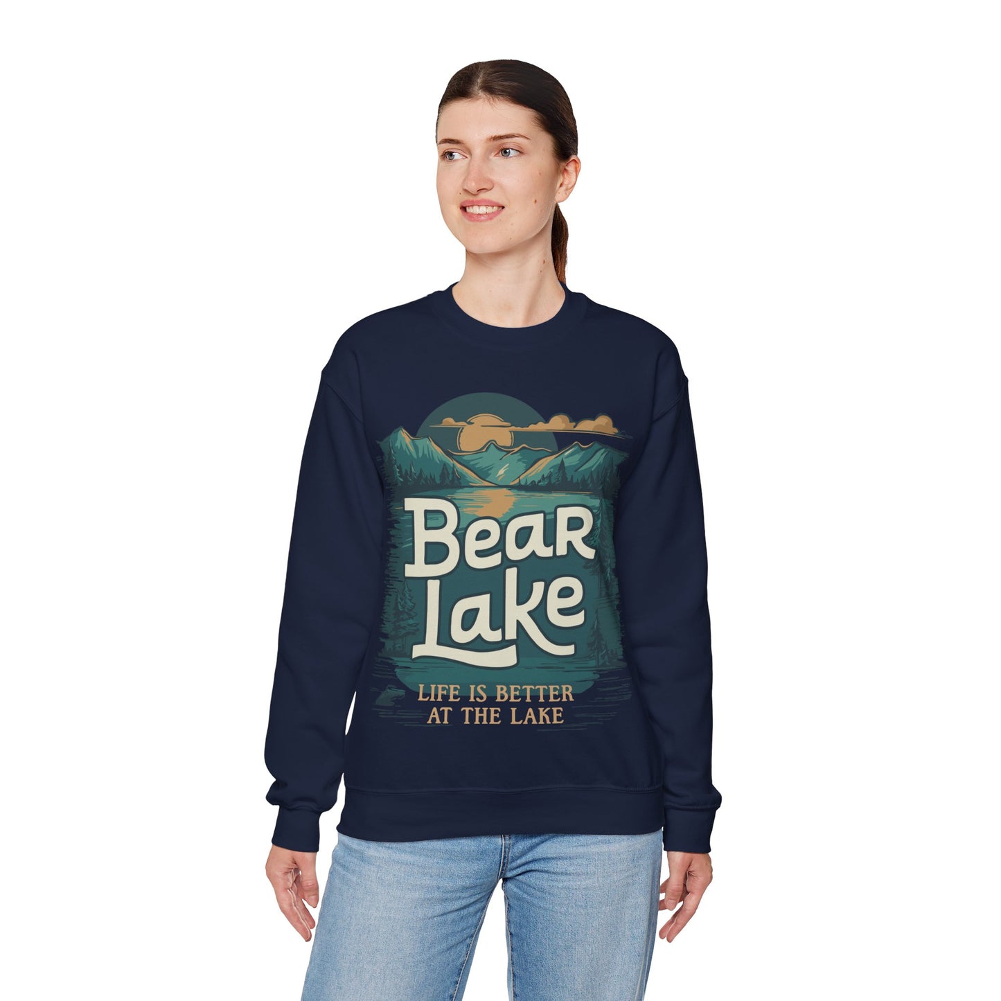 Bear Lake Scenic Mountain View Crewneck Sweatshirt with Utah Idaho Vacation Destination, Mens Womens Pullover Sweatshirts