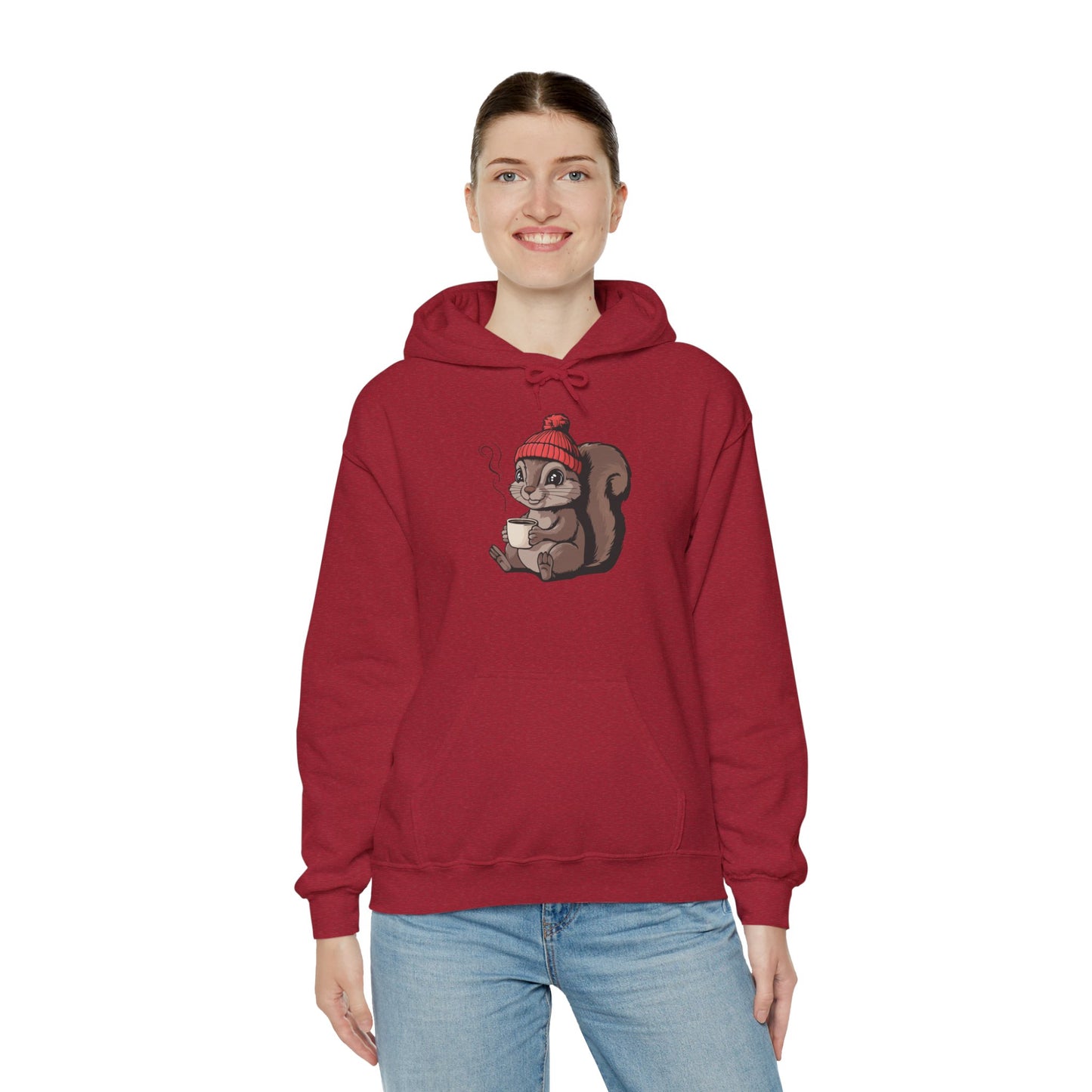 Cozy Squirrel  Pullover Hoodie Unisex Heavy Blend Hooded Sweatshirt with Squirrel in Beanie with Cup Of Coffee Graphic Print