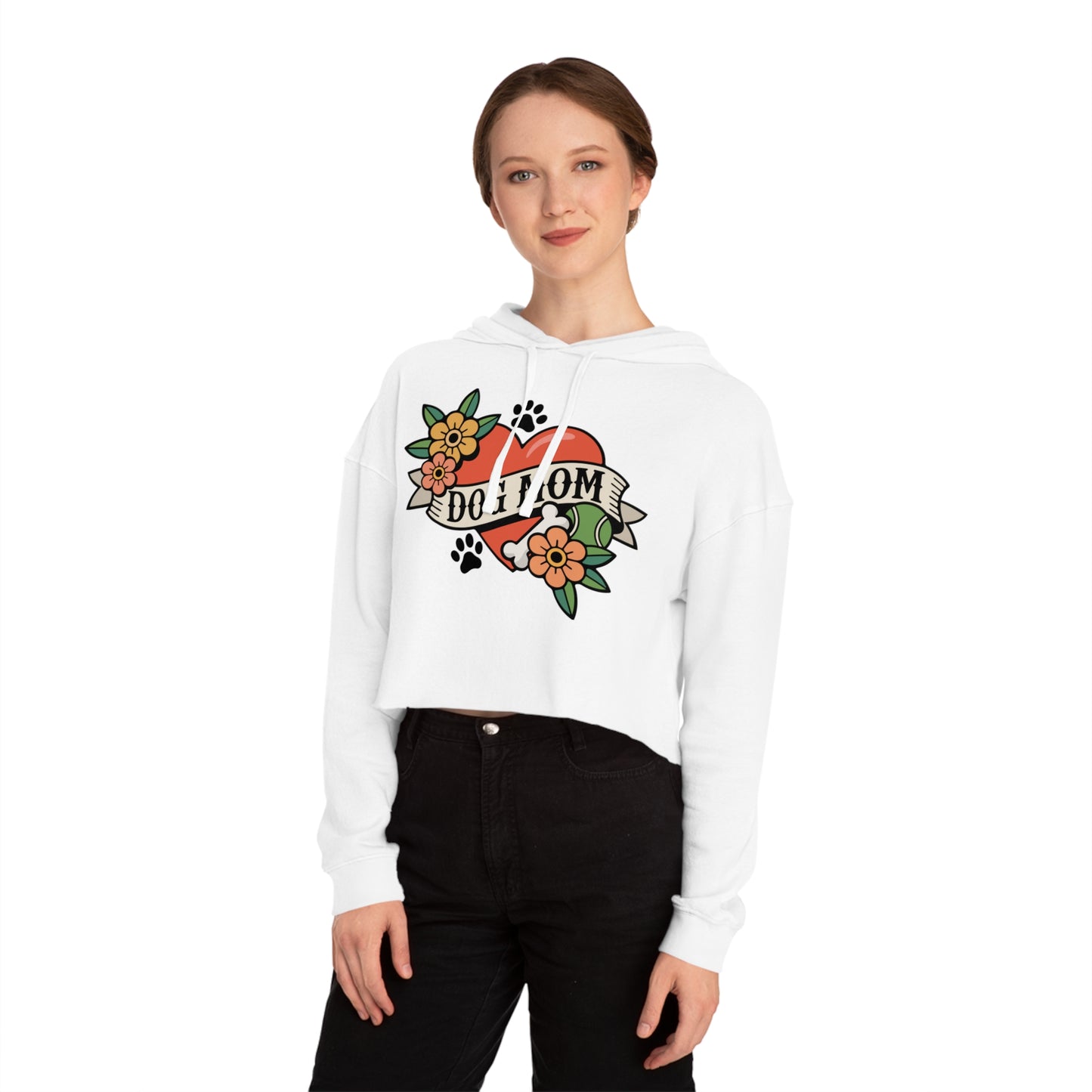 Dog Mom Heart Tattoo Cropped Hoodie, Pullover Sweatshirt Crop Top Long Sleeve, Childless Dog Lady Pet Mama Apparel