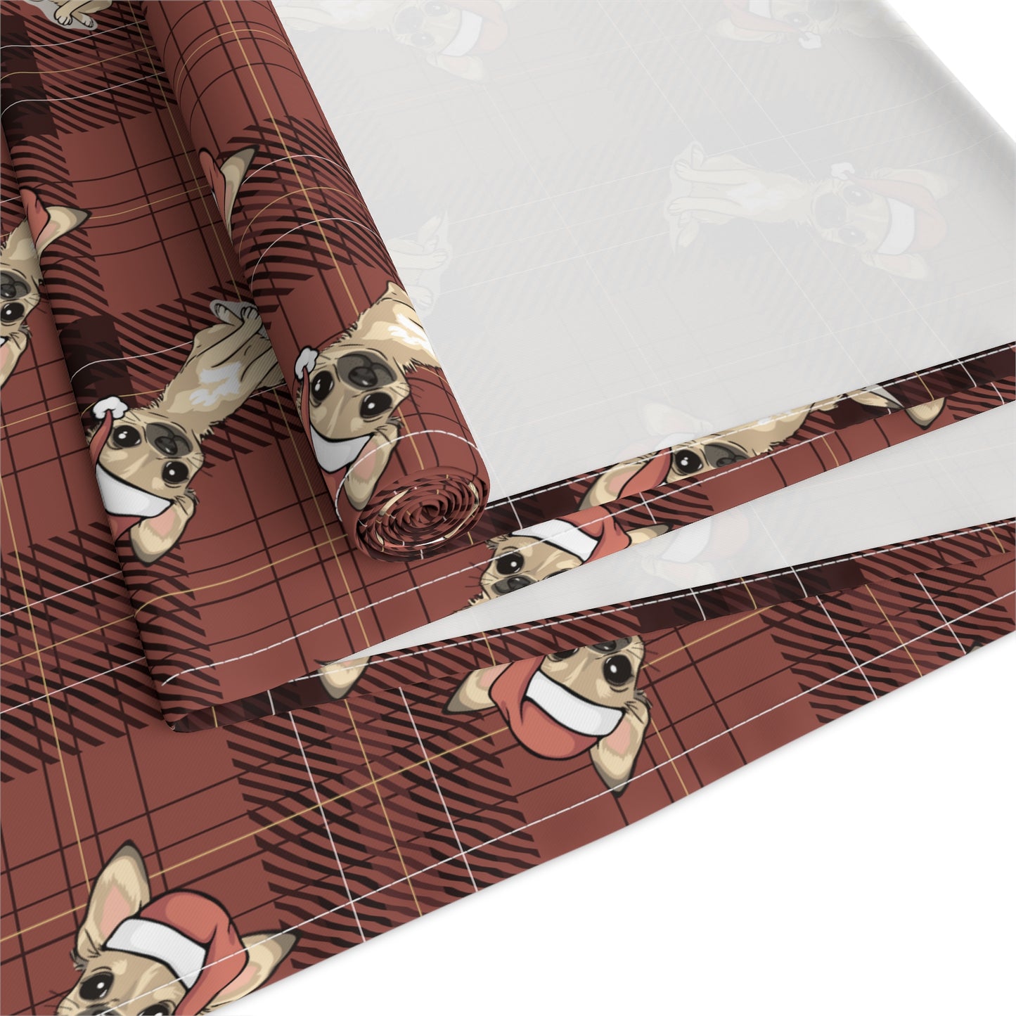 Festive Chihuahua Dog Holiday Table Runner, Christmas Home Decor, Santa Chihuahuas Dining Tablecloth Linens, Plaid Table Setting Runners