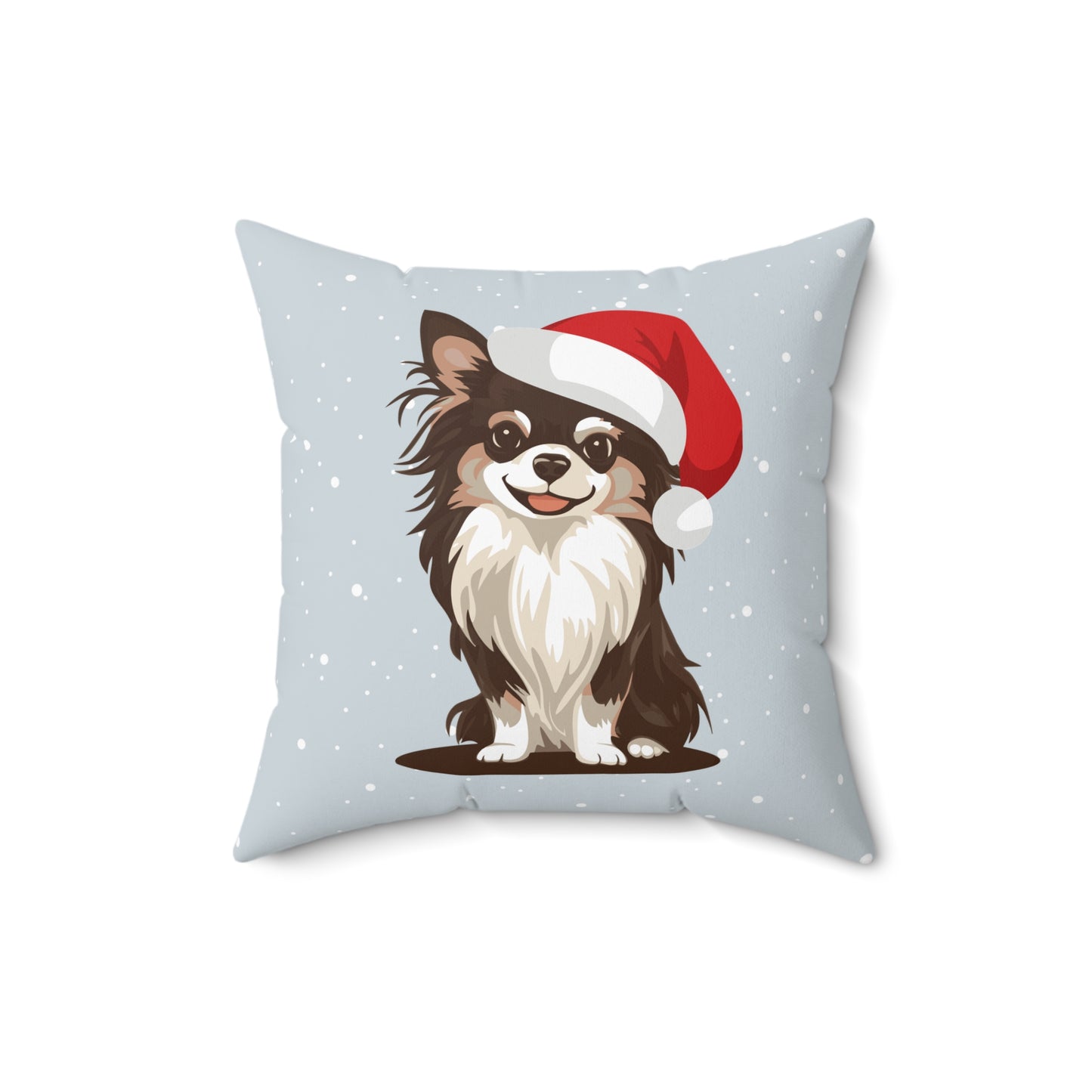 Christmas Long Haired Chihuahua Dog 14" or 16" Throw Pillow & Cover - Square Pillow Festive Holiday Xmas Dogs In Santa Hat Print