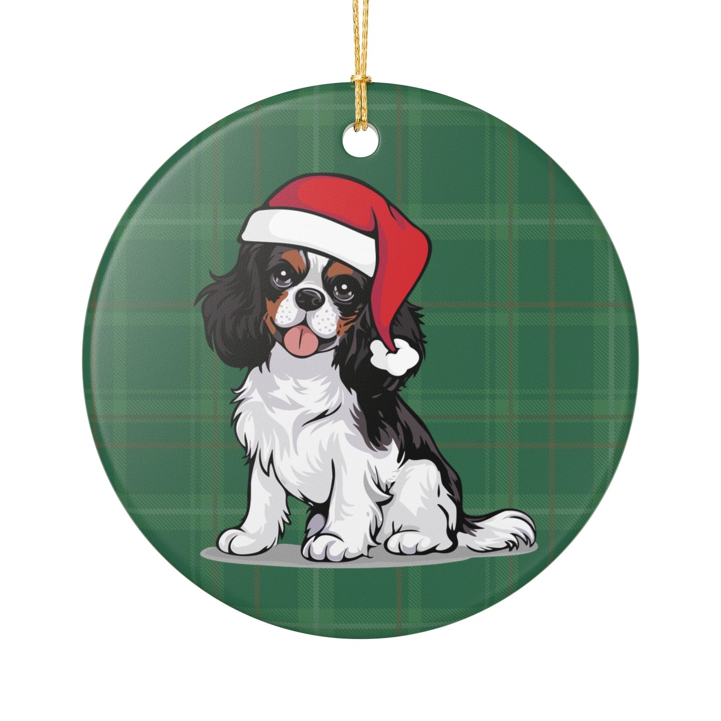 Cavalier King Charles Spaniel Dog Christmas Tree Ornament, Santa Dogs Holiday Decorations, Pet Lover Gift, Green Plaid Ceramic Ornaments