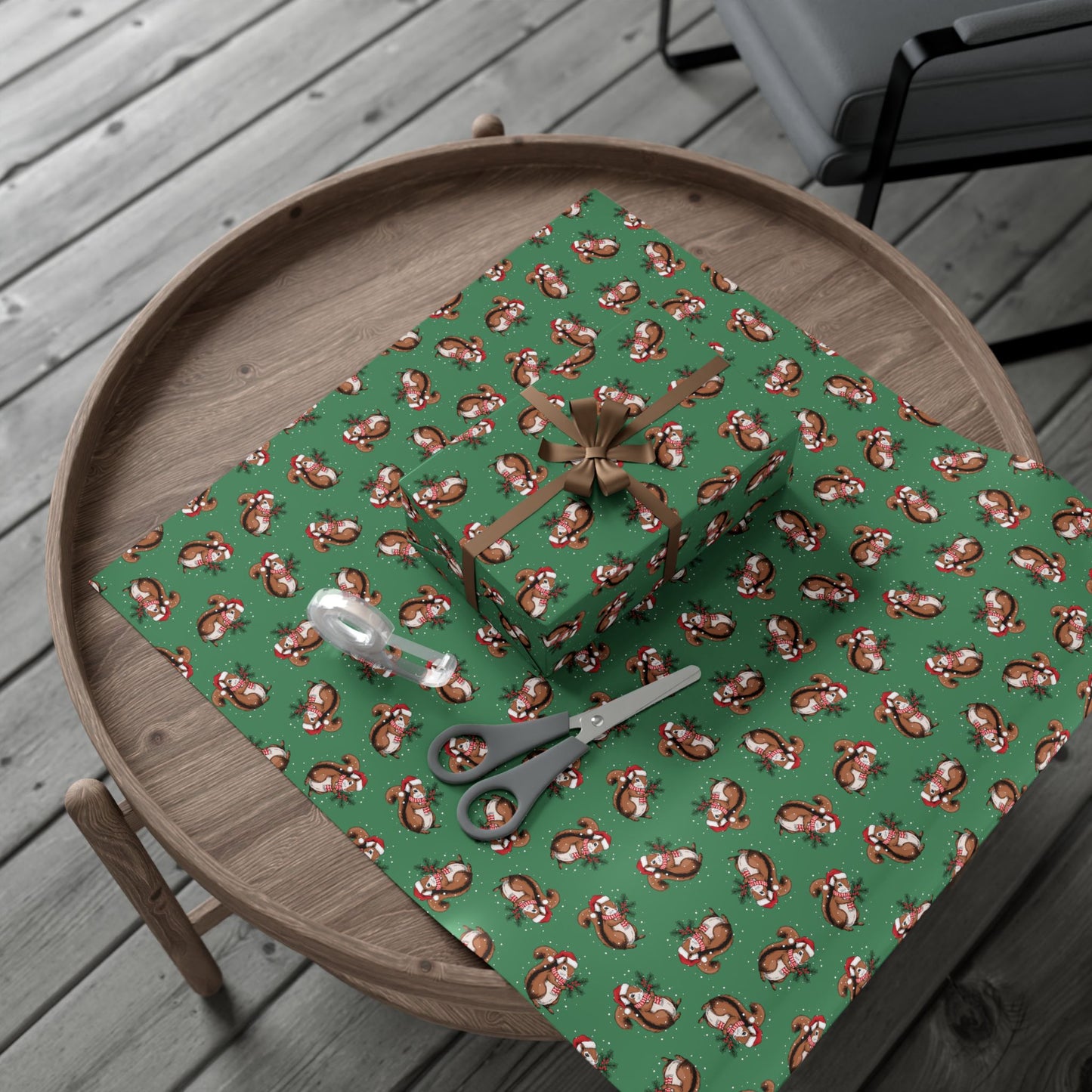 Squirrel Christmas Wrapping Paper, Festive Squirrels Print, Cheery Green Holiday Gift Wrap With Snowy Xmas Squirrel In Santa Hat