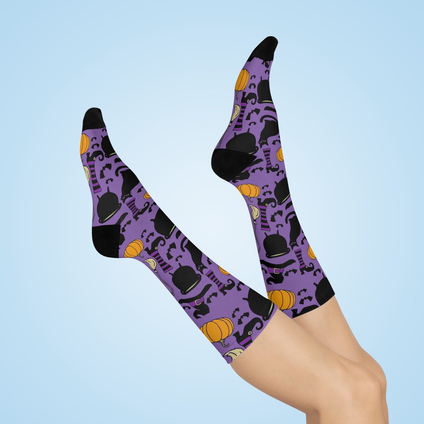 Witchy Things Halloween Cushioned Crew Socks with Witch Hats, Brooms, Black Cats, Pumpkins, Bats, Cauldrons