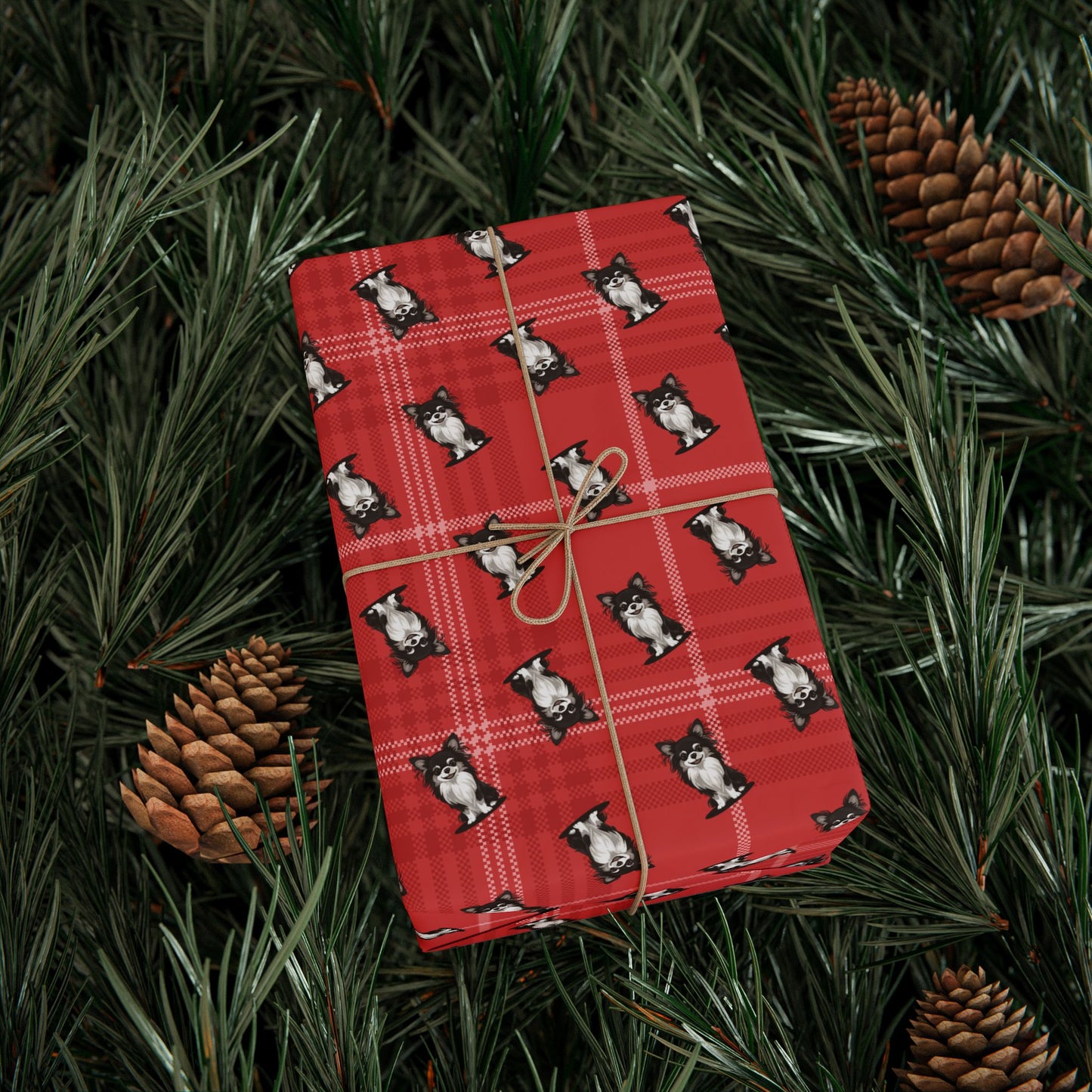 Long Haired Chihuahua Dog Wrapping Paper, Red Plaid Dogs Print Gift Wrap Roll, Chihuahuas Christmas Holiday Birthday Matte Wrapping Papers