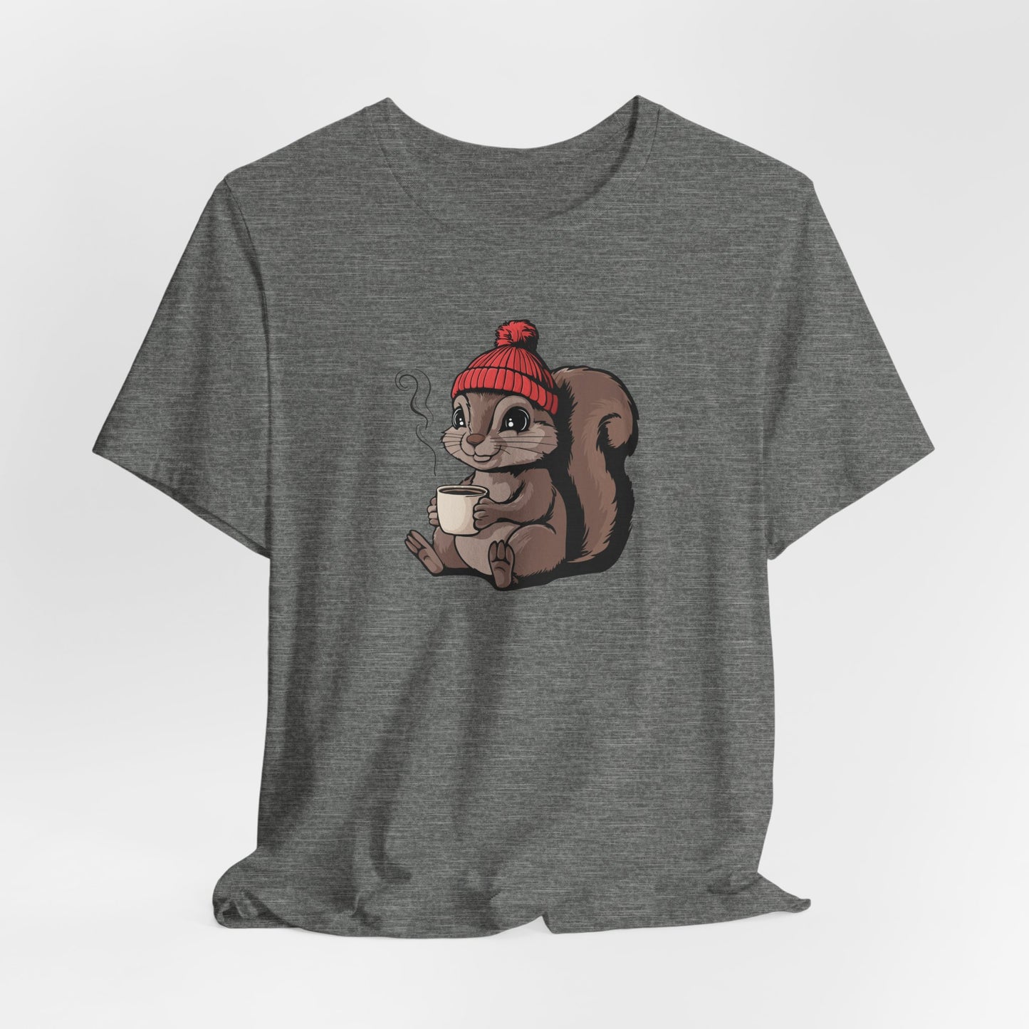 Cozy Squirrel with Coffee T-Shirt | Cute Fall Squirrels Woodland Animal Tee, Short Sleeve Graphic Print Shirts