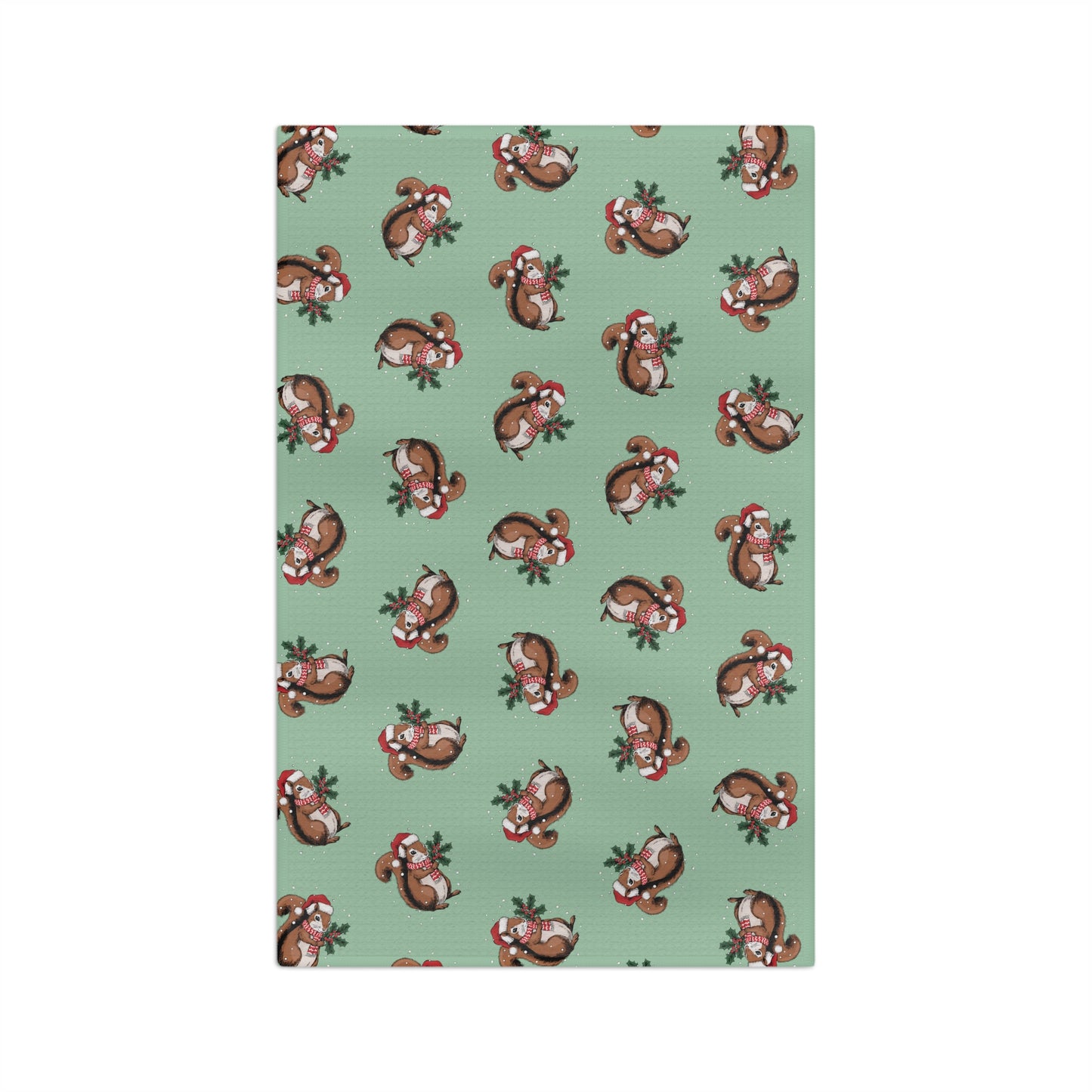 Christmas Squirrels Kitchen Hand Towel Microfiber Sage Green Holiday Tea Towel with Snowy Squirrel in Santa Hat Pattern