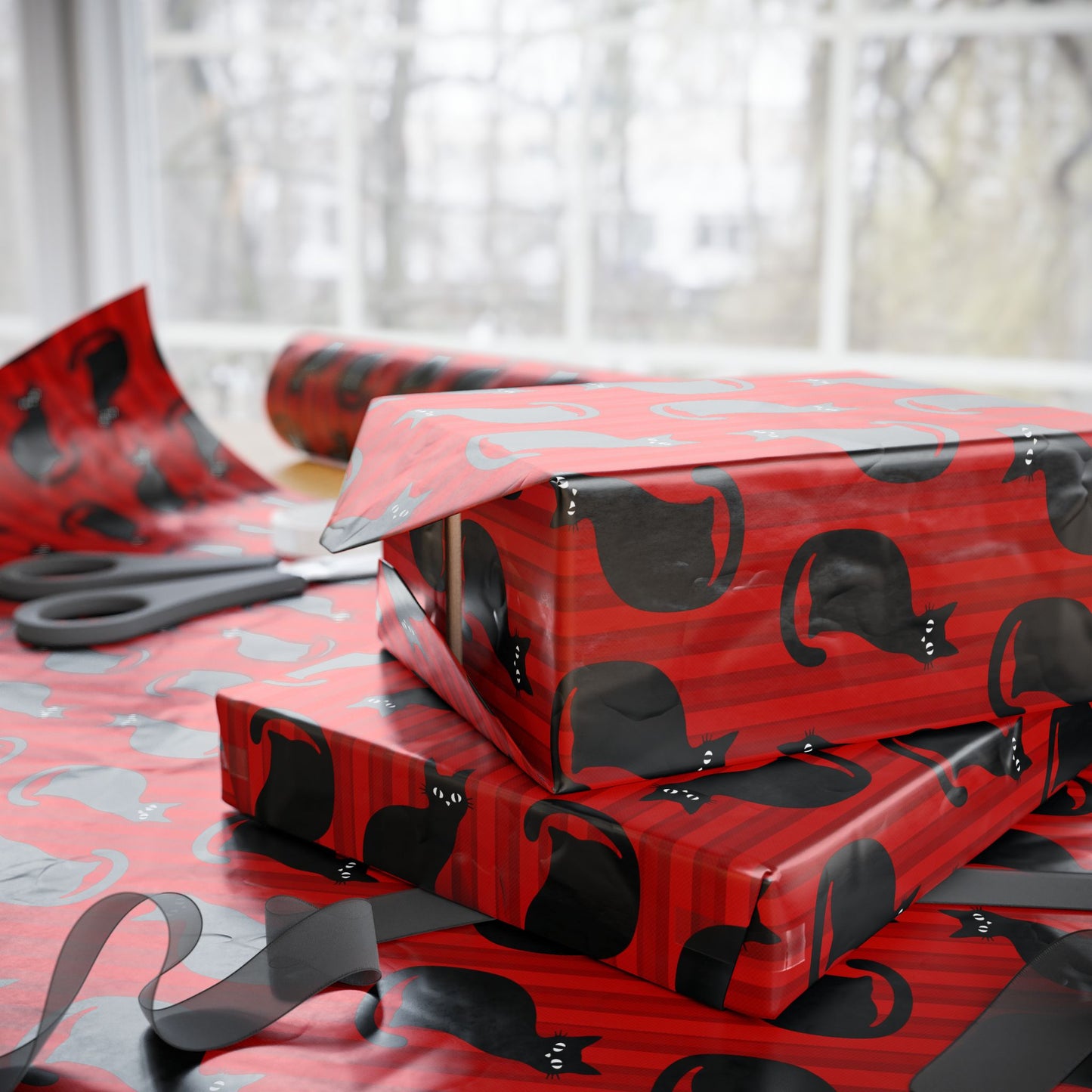 Black Cat Wrapping Paper, Red Stripe Kitty Gift Wrap Roll, Birthday Christmas Valentine's Day Holiday Glossy Finish