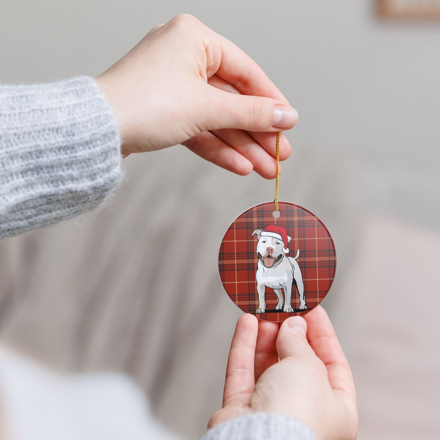 Santa Pit Bull Dog Christmas Tree Ornament, Xmas Pitbull Dogs Holiday Decorations, Pet Lover Gift, Red Plaid Ceramic Ornaments