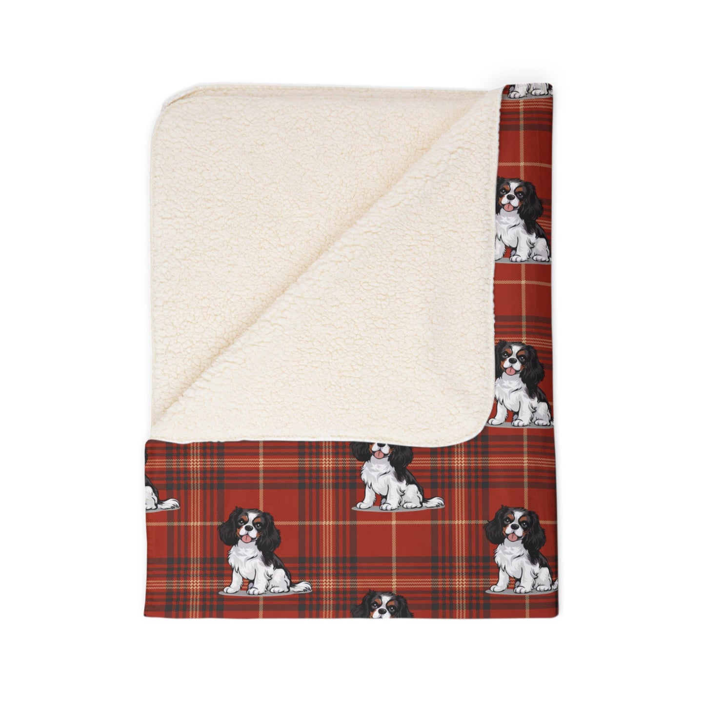Tricolor Cavalier King Charles Spaniel Red Plaid Fleece Sherpa Blanket, Dogs Pattern Throw Blankets Bedding