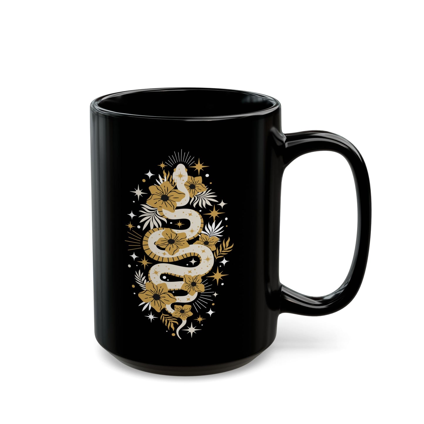 Mystic Golden Snake Black Mug, Boho 15oz Ceramic Coffee Cup, Unique Serpent Design, Coffee Lovers Mugs