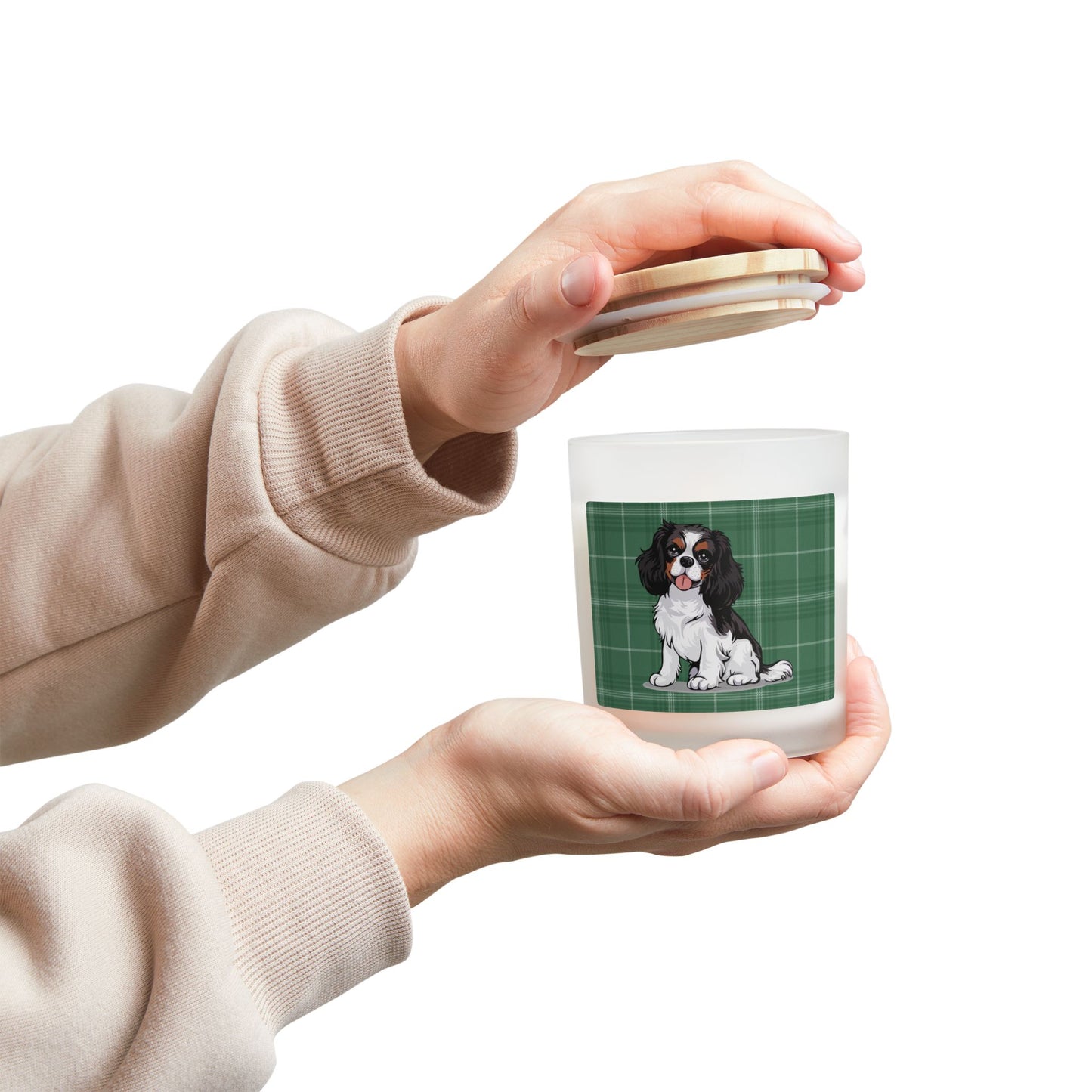 Tricolor Cavalier King Charles Spaniel Dog Frosted Glass Candle, Holiday Christmas Candles Pet Memorial Gifts