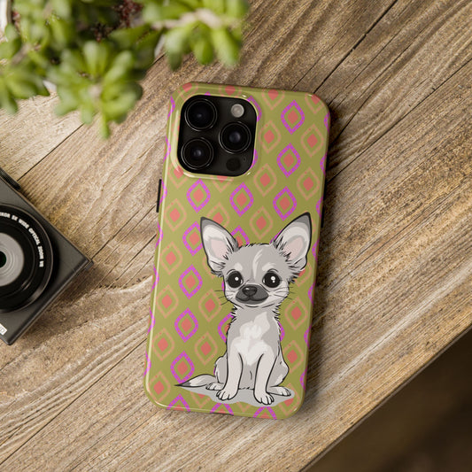 White Chihuahua Puppy Dog Phone Case, Tough Phone Cases Pet Dogs Retro Green  Pattern