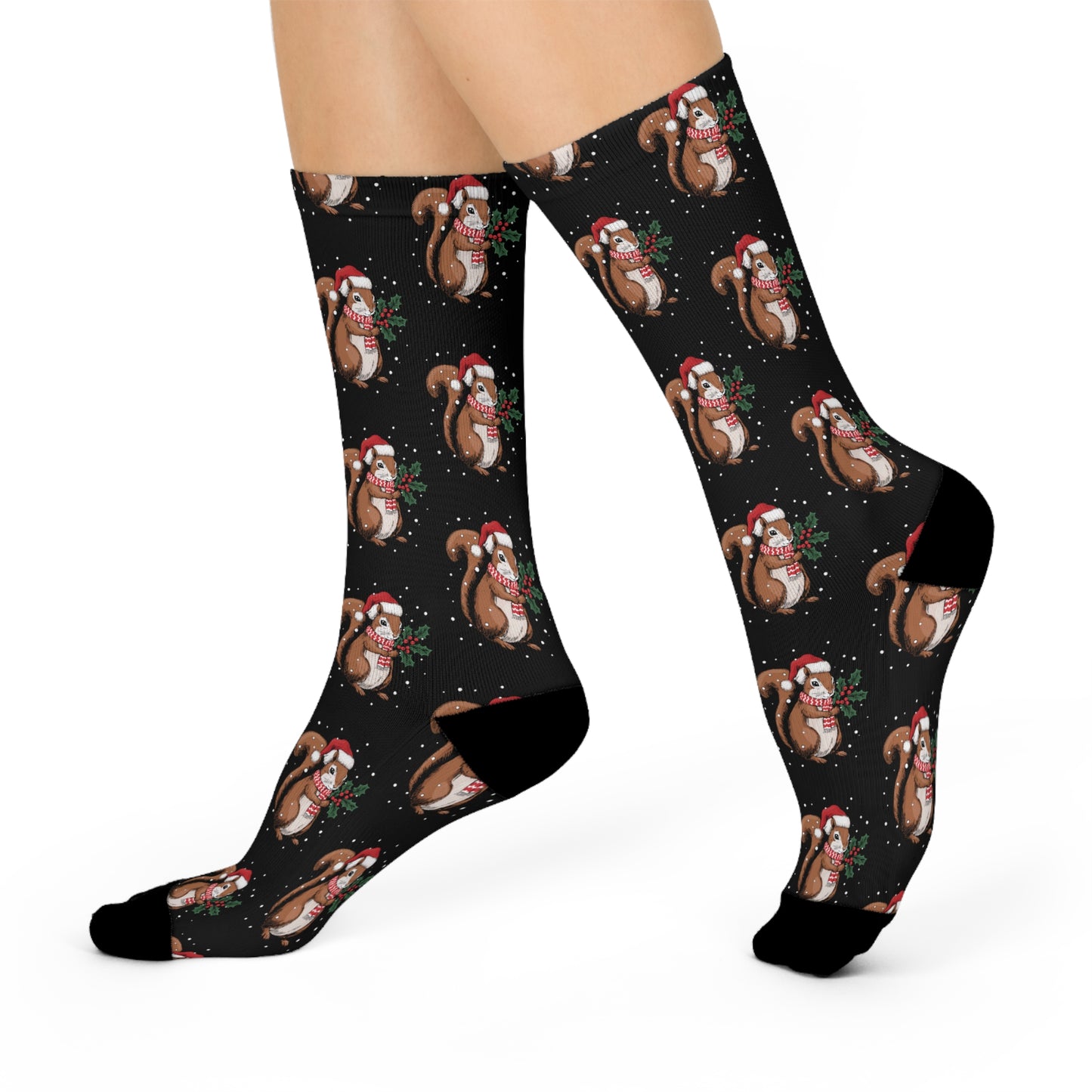Santa Squirrel Novelty Socks, Festive Holiday Squirrels Cushioned Crew Novelty Socks, Black Cozy Christmas Winter Accessories