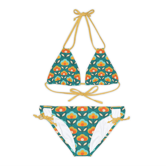 Boho Blossoms Retro Flowers Teal, Orange, & Yellow Strappy Bikini Set - 1970's Vibe Floral Pattern Womens Swimsuit