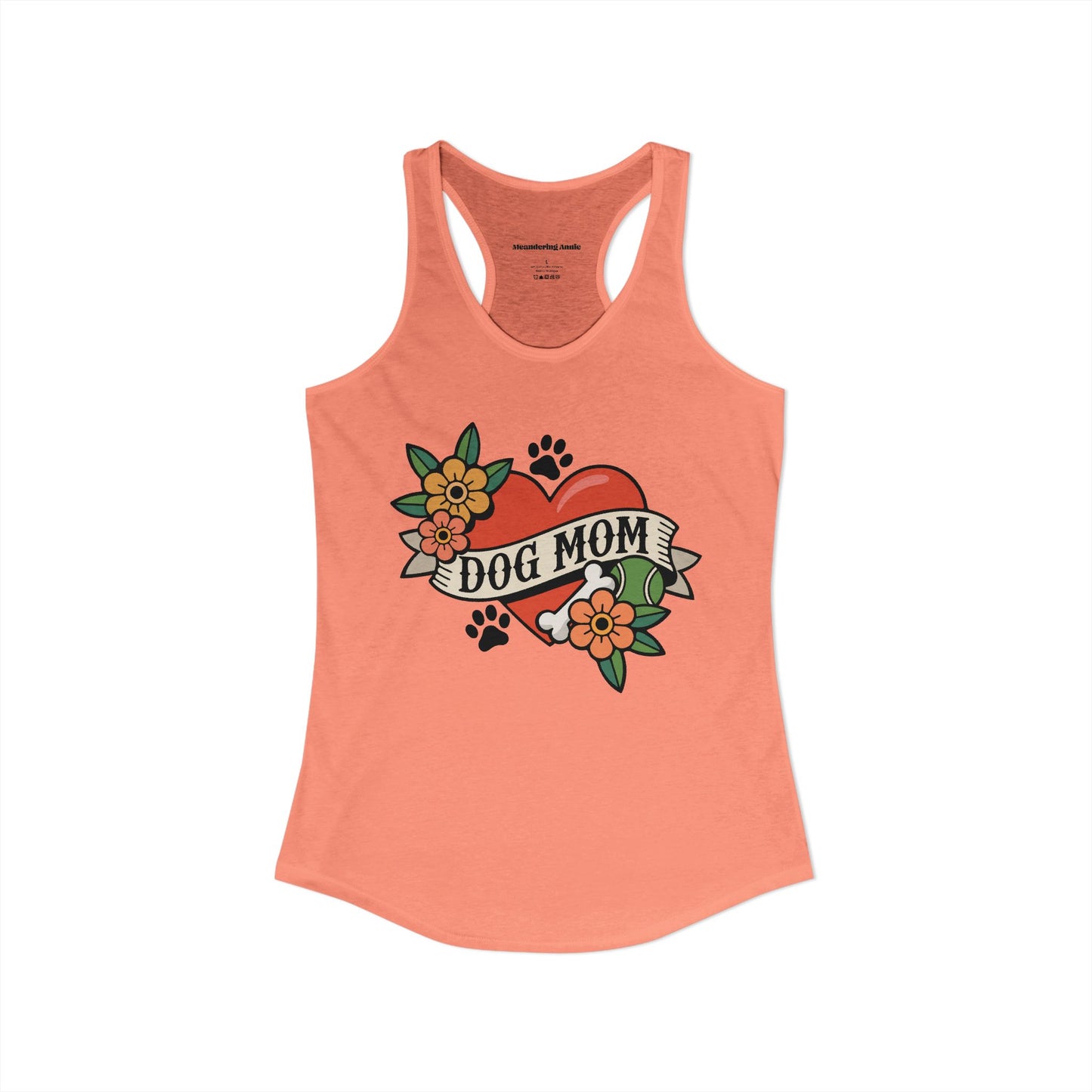 Dog Mom Heart Tattoo Racerback Tank Top, Womens Vintage Tattoos Dogs Paw Prints Artwork, Childless Dog Lady Sleeveless Shirt