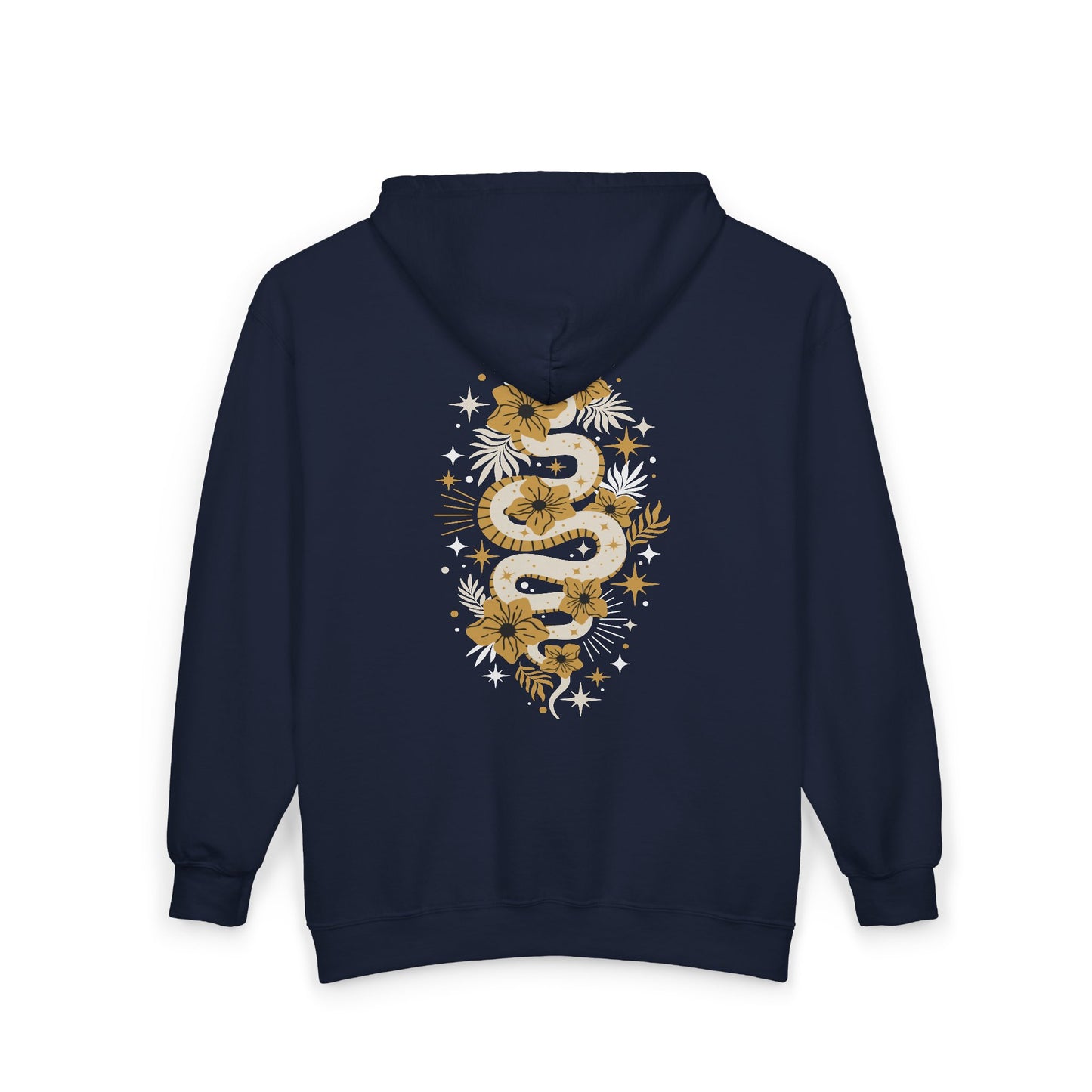 Mystic Gold Snake Black Zip Up Hoodie - Full Zip Hooded Sweatshirt Jacket, Boho Floral Serpent Design Zipper Hoodies Mens Womens Sweatshirts