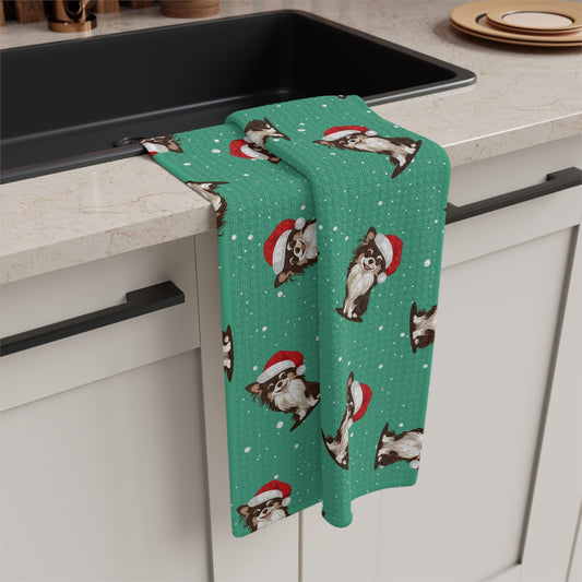 Long Haired Chihuahua Dog Christmas Kitchen Hand Towel Microfiber Green Holiday Tea Towel with Dogs in Santa Hat Pattern